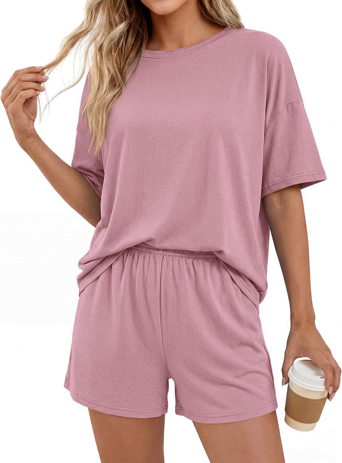 imageBTFBM 2 Piece Lounge Sets For Women 2026 Summer Airport Travel Vacation Outfits Loose Matching Clothing Spring Short SetPink