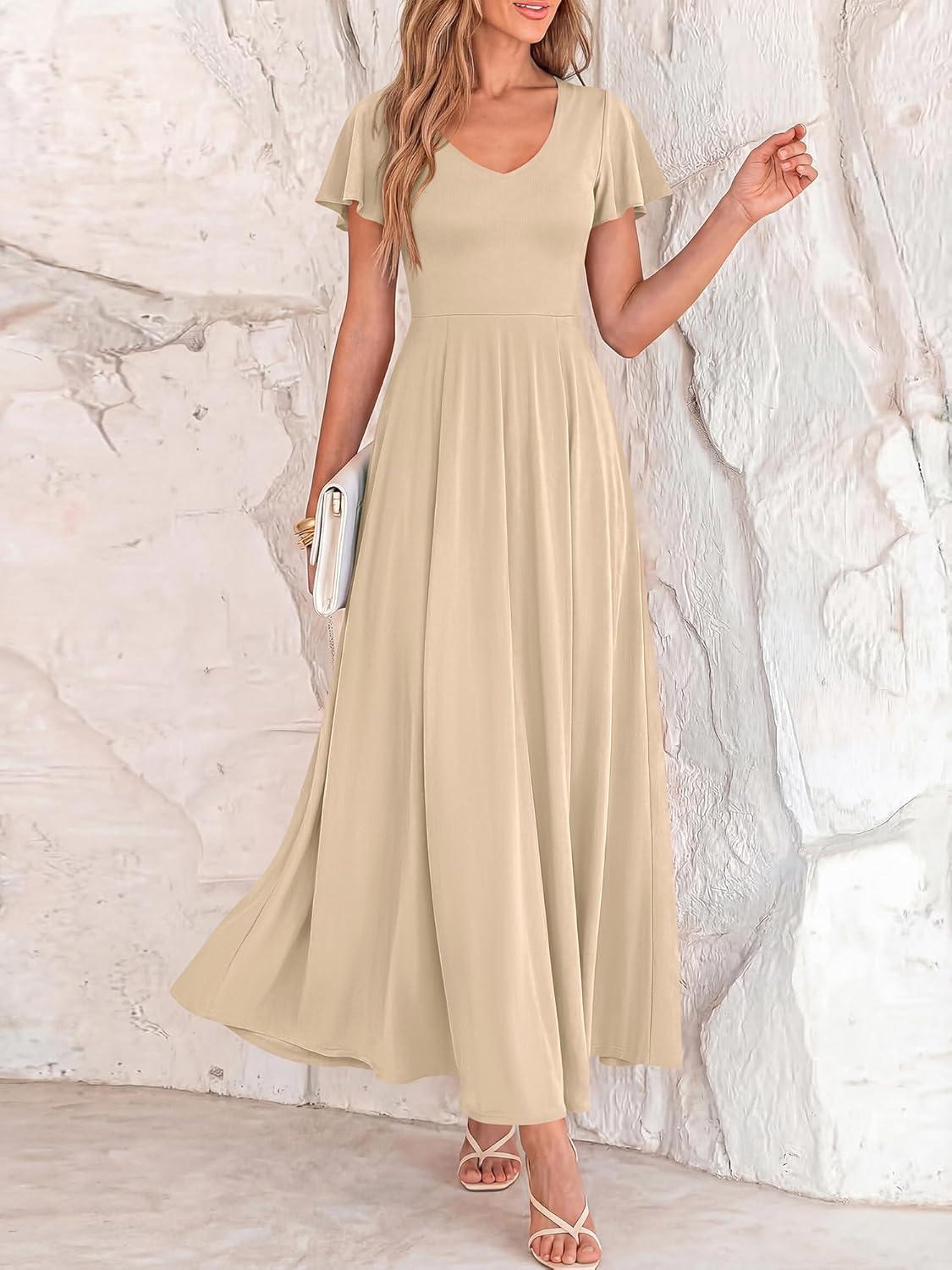 imageBTFBM Formal Dresses for Women Summer Outfits V Neck Ruffle Sleeve A Line Maxi Elegant Cocktail Wedding Guest Dress 2026Apricot