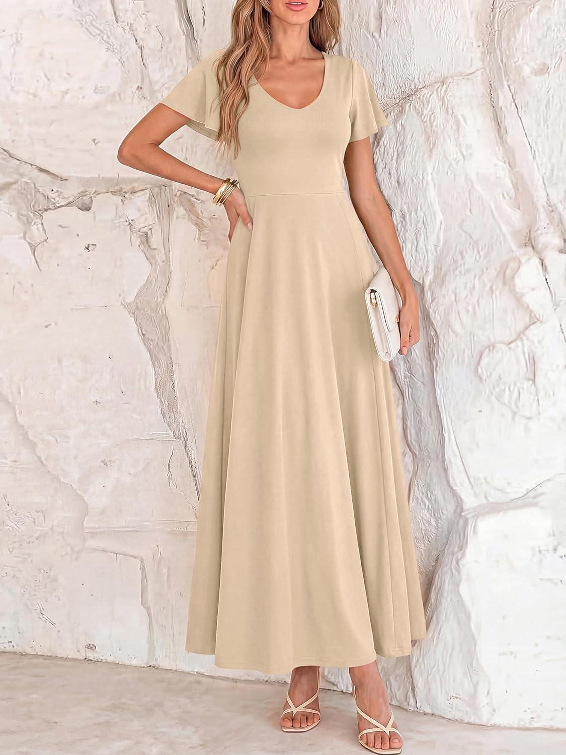 imageBTFBM Formal Dresses for Women Summer Outfits V Neck Ruffle Sleeve A Line Maxi Elegant Cocktail Wedding Guest Dress 2026Apricot