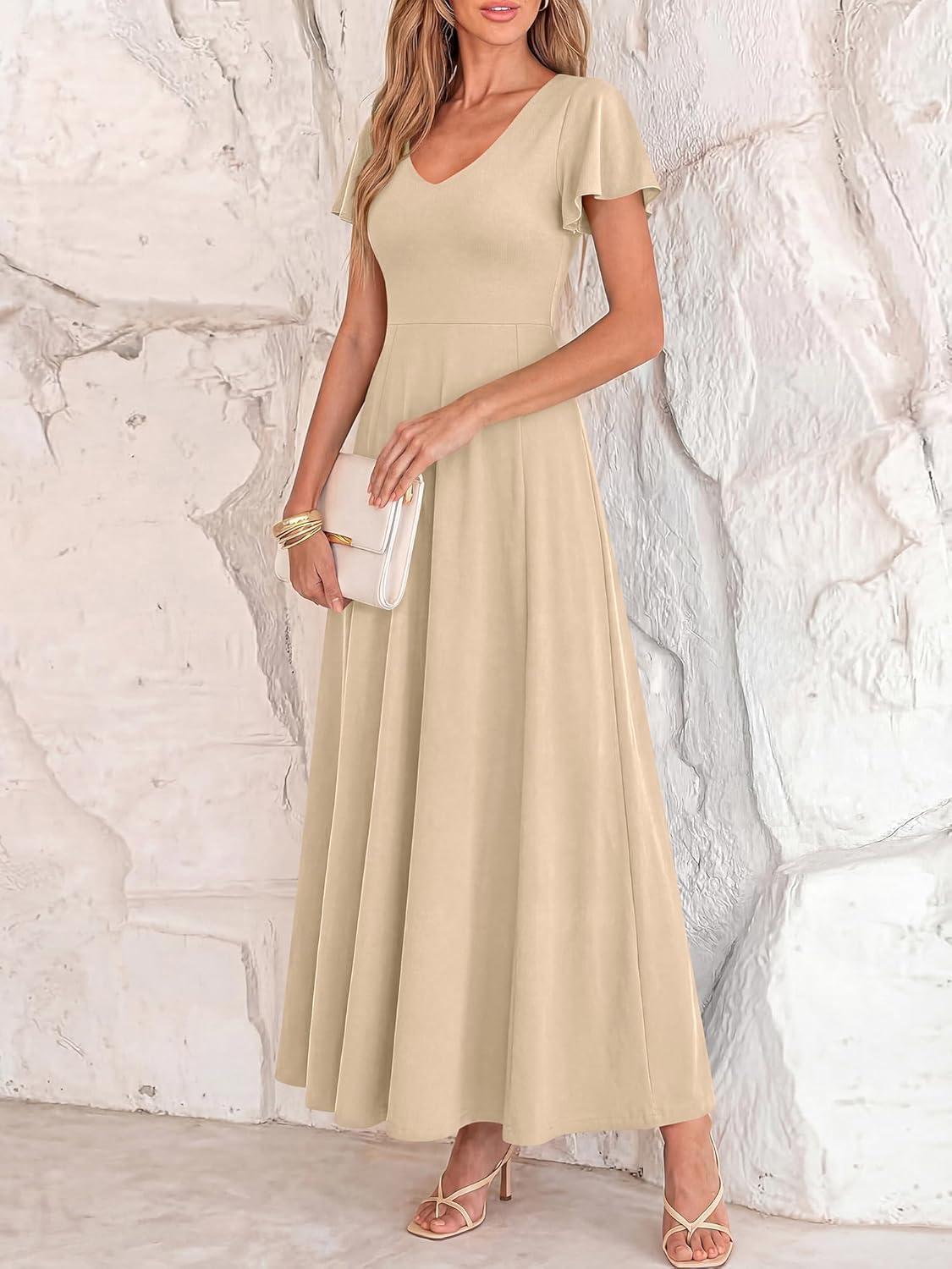 imageBTFBM Formal Dresses for Women Summer Outfits V Neck Ruffle Sleeve A Line Maxi Elegant Cocktail Wedding Guest Dress 2026Apricot