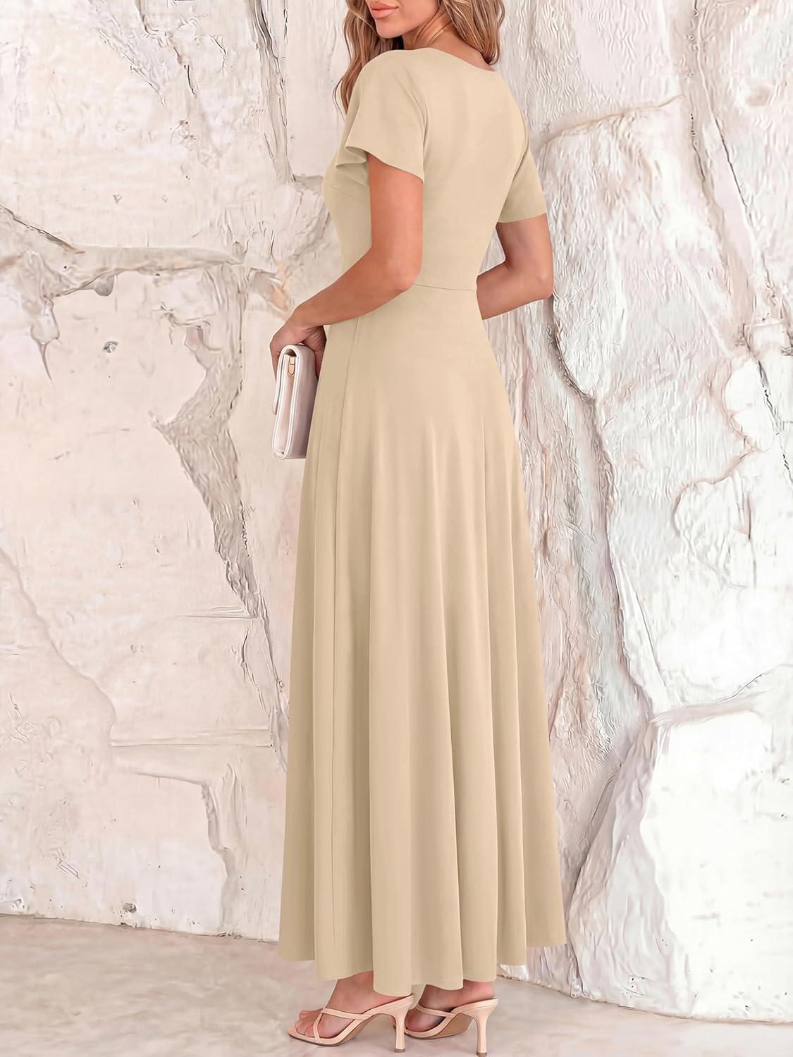 imageBTFBM Formal Dresses for Women Summer Outfits V Neck Ruffle Sleeve A Line Maxi Elegant Cocktail Wedding Guest Dress 2026Apricot