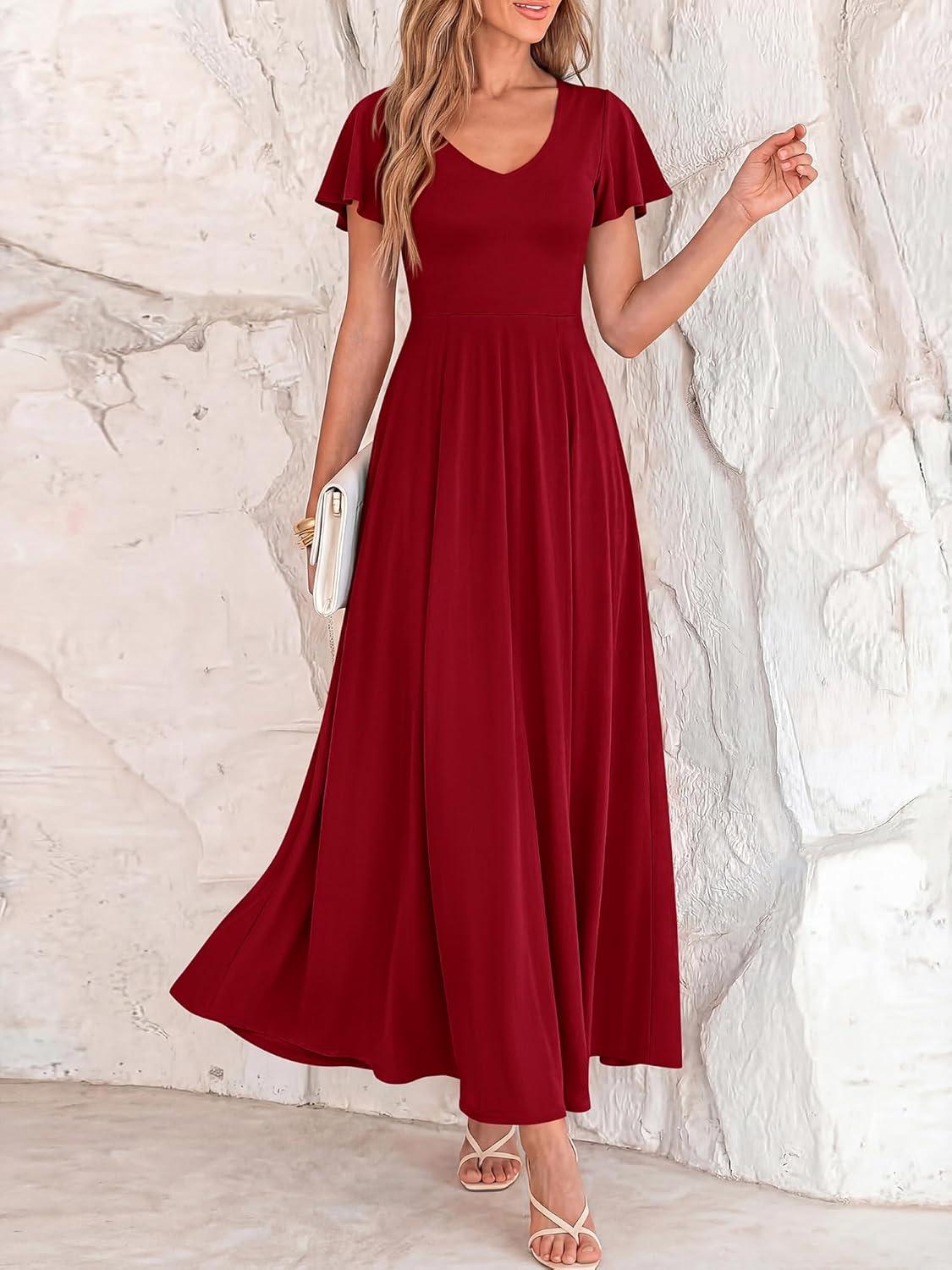 imageBTFBM Formal Dresses for Women Summer Outfits V Neck Ruffle Sleeve A Line Maxi Elegant Cocktail Wedding Guest Dress 2026Burgundy