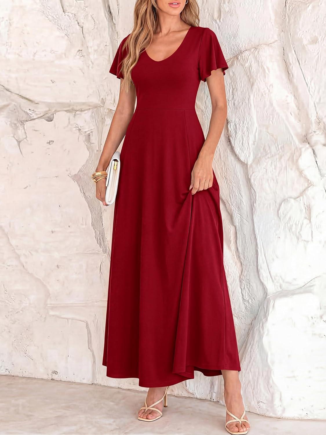 imageBTFBM Formal Dresses for Women Summer Outfits V Neck Ruffle Sleeve A Line Maxi Elegant Cocktail Wedding Guest Dress 2026Burgundy