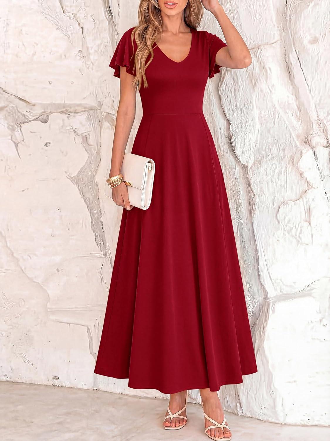 imageBTFBM Formal Dresses for Women Summer Outfits V Neck Ruffle Sleeve A Line Maxi Elegant Cocktail Wedding Guest Dress 2026Burgundy