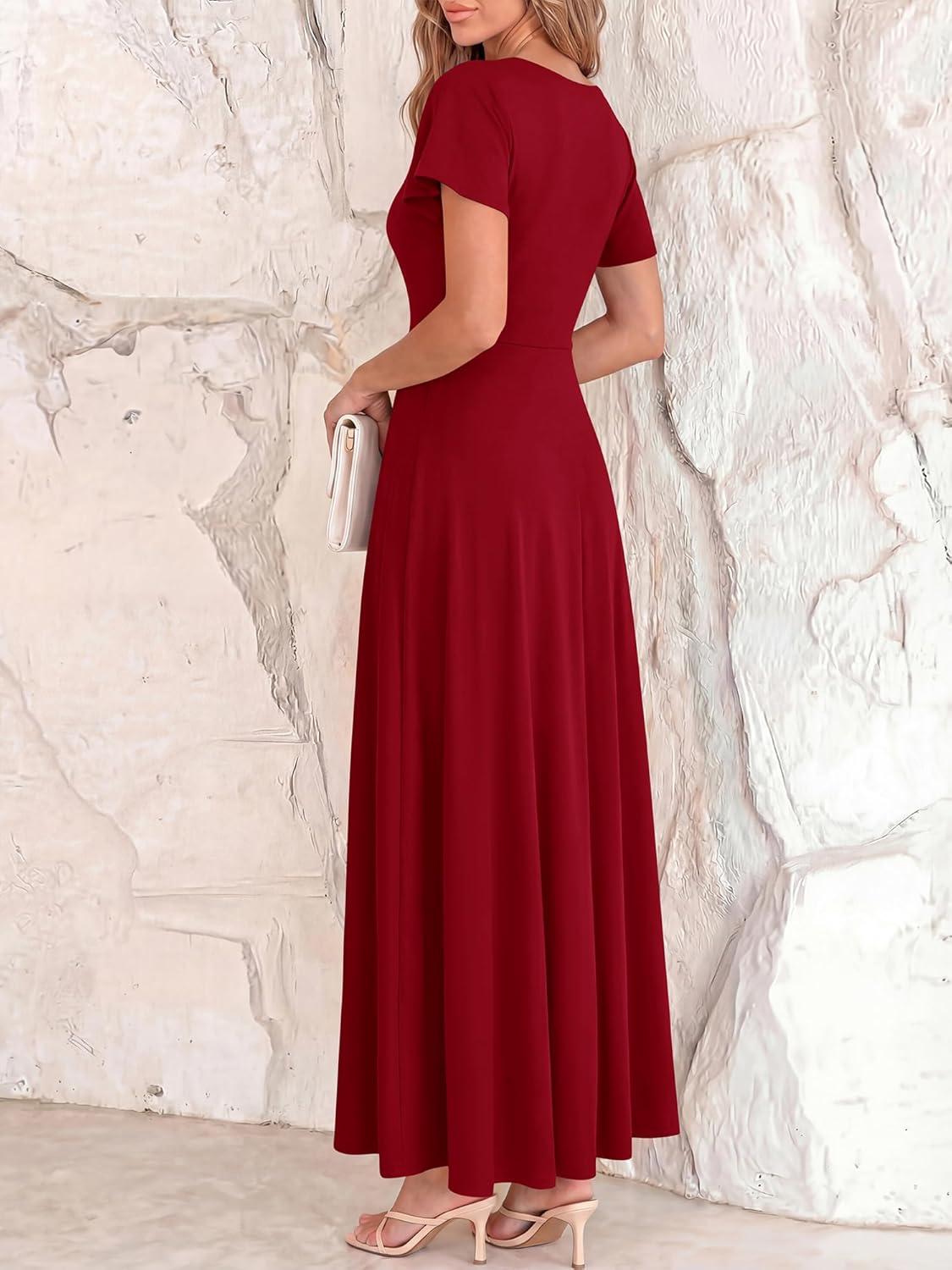 imageBTFBM Formal Dresses for Women Summer Outfits V Neck Ruffle Sleeve A Line Maxi Elegant Cocktail Wedding Guest Dress 2026Burgundy