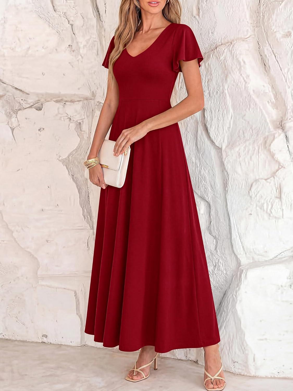 imageBTFBM Formal Dresses for Women Summer Outfits V Neck Ruffle Sleeve A Line Maxi Elegant Cocktail Wedding Guest Dress 2026Burgundy