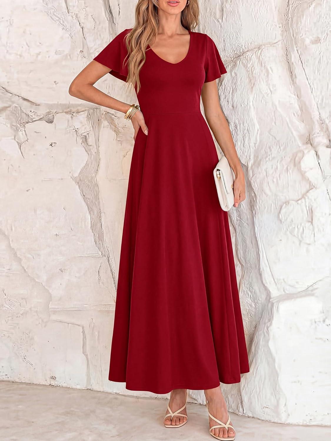 imageBTFBM Formal Dresses for Women Summer Outfits V Neck Ruffle Sleeve A Line Maxi Elegant Cocktail Wedding Guest Dress 2026Burgundy