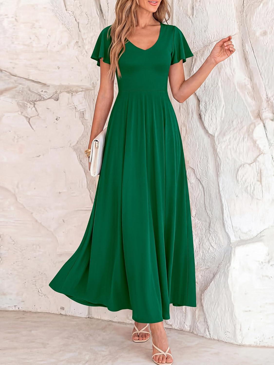imageBTFBM Formal Dresses for Women Summer Outfits V Neck Ruffle Sleeve A Line Maxi Elegant Cocktail Wedding Guest Dress 2026Green
