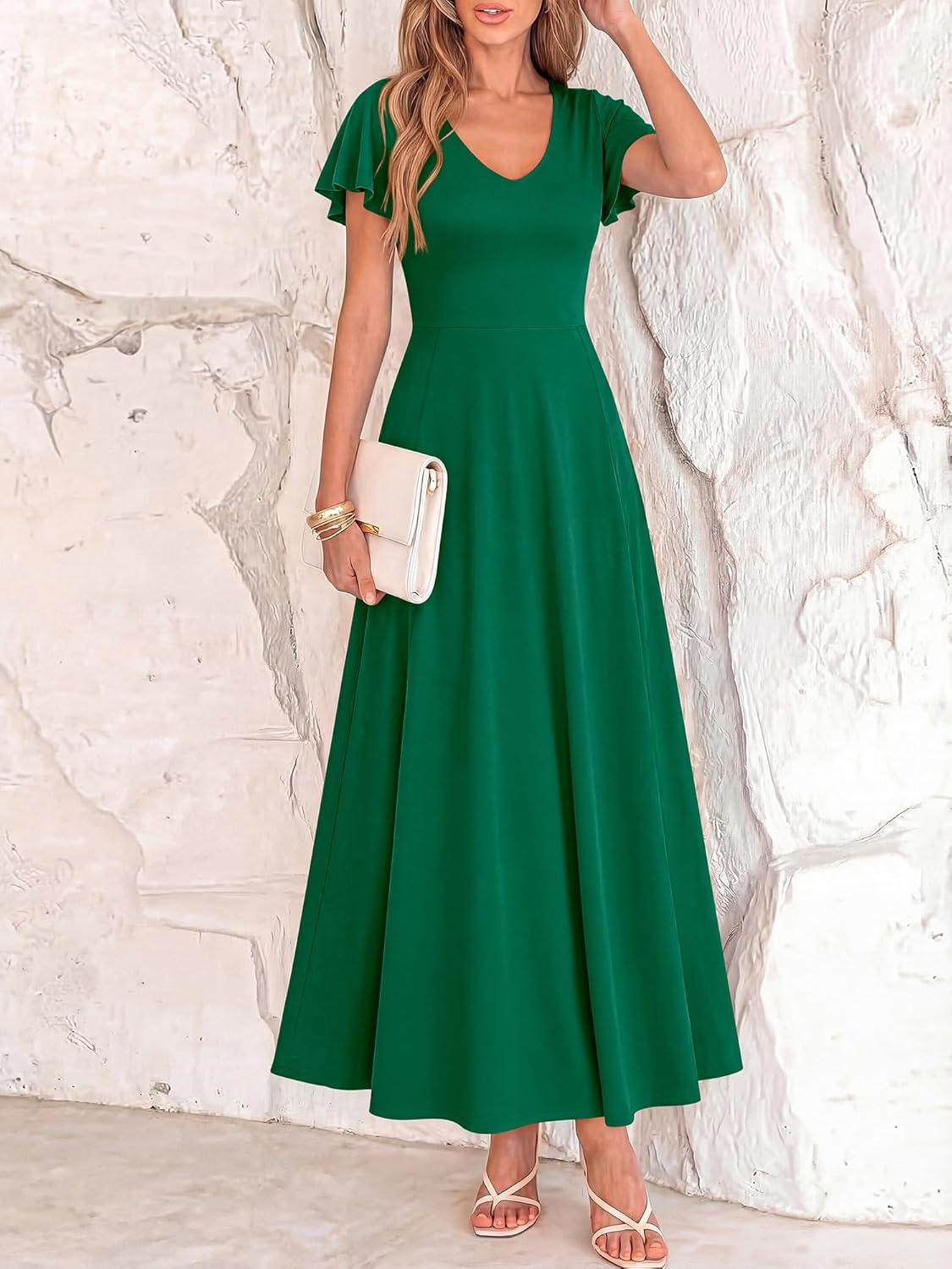 imageBTFBM Formal Dresses for Women Summer Outfits V Neck Ruffle Sleeve A Line Maxi Elegant Cocktail Wedding Guest Dress 2026Green