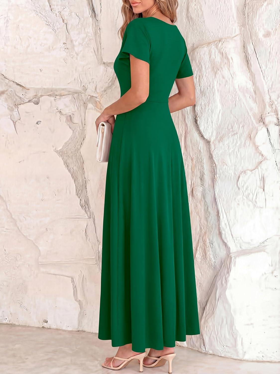imageBTFBM Formal Dresses for Women Summer Outfits V Neck Ruffle Sleeve A Line Maxi Elegant Cocktail Wedding Guest Dress 2026Green