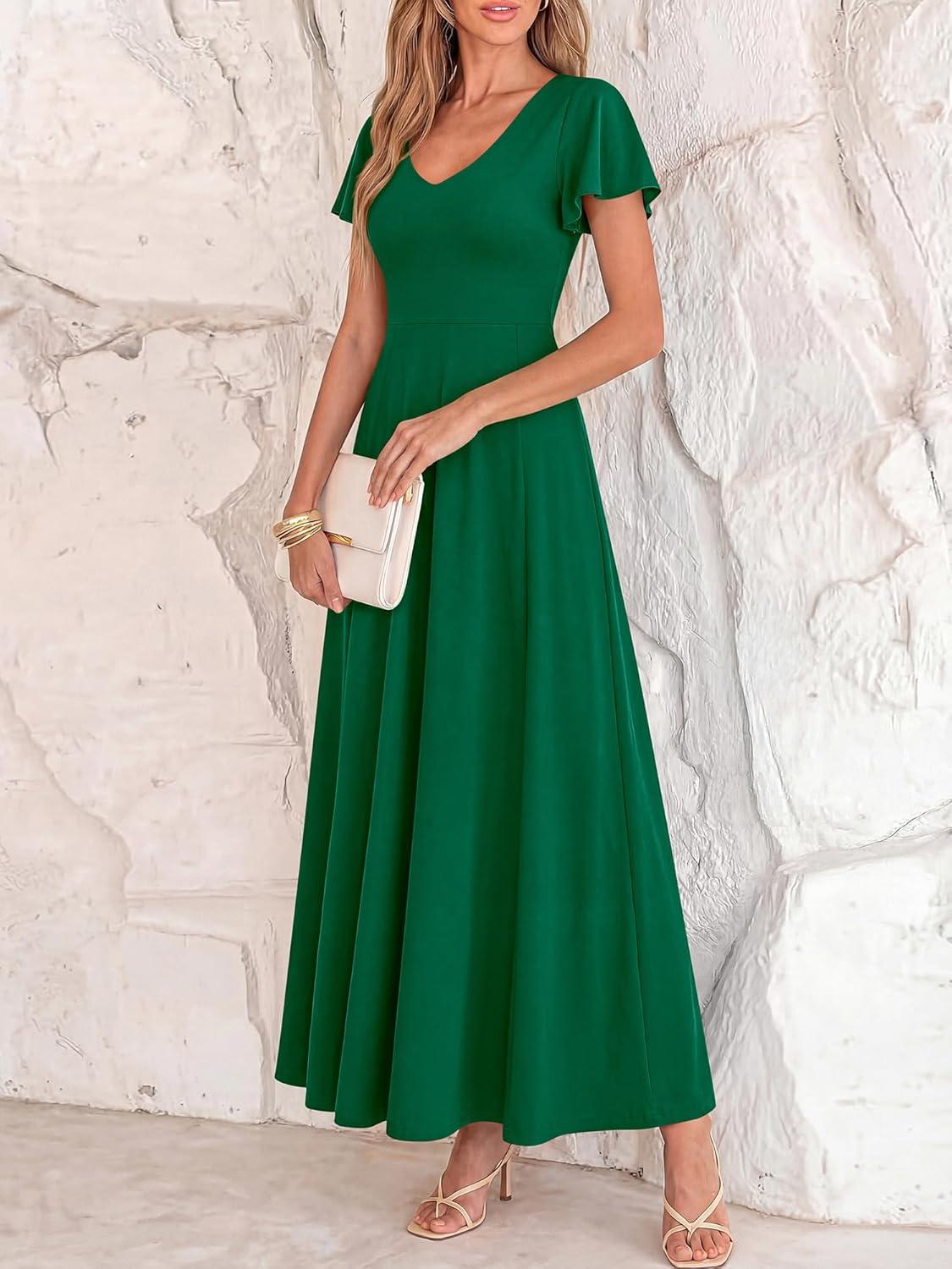 imageBTFBM Formal Dresses for Women Summer Outfits V Neck Ruffle Sleeve A Line Maxi Elegant Cocktail Wedding Guest Dress 2026Green