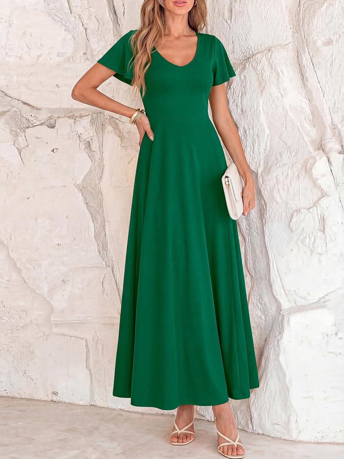 imageBTFBM Formal Dresses for Women Summer Outfits V Neck Ruffle Sleeve A Line Maxi Elegant Cocktail Wedding Guest Dress 2026Green