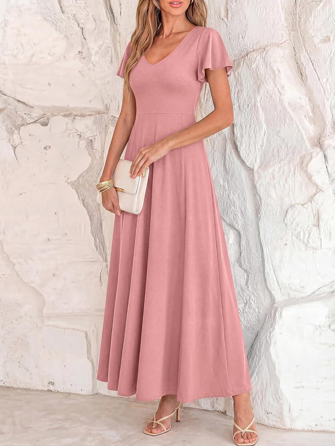imageBTFBM Formal Dresses for Women Summer Outfits V Neck Ruffle Sleeve A Line Maxi Elegant Cocktail Wedding Guest Dress 2026Pink