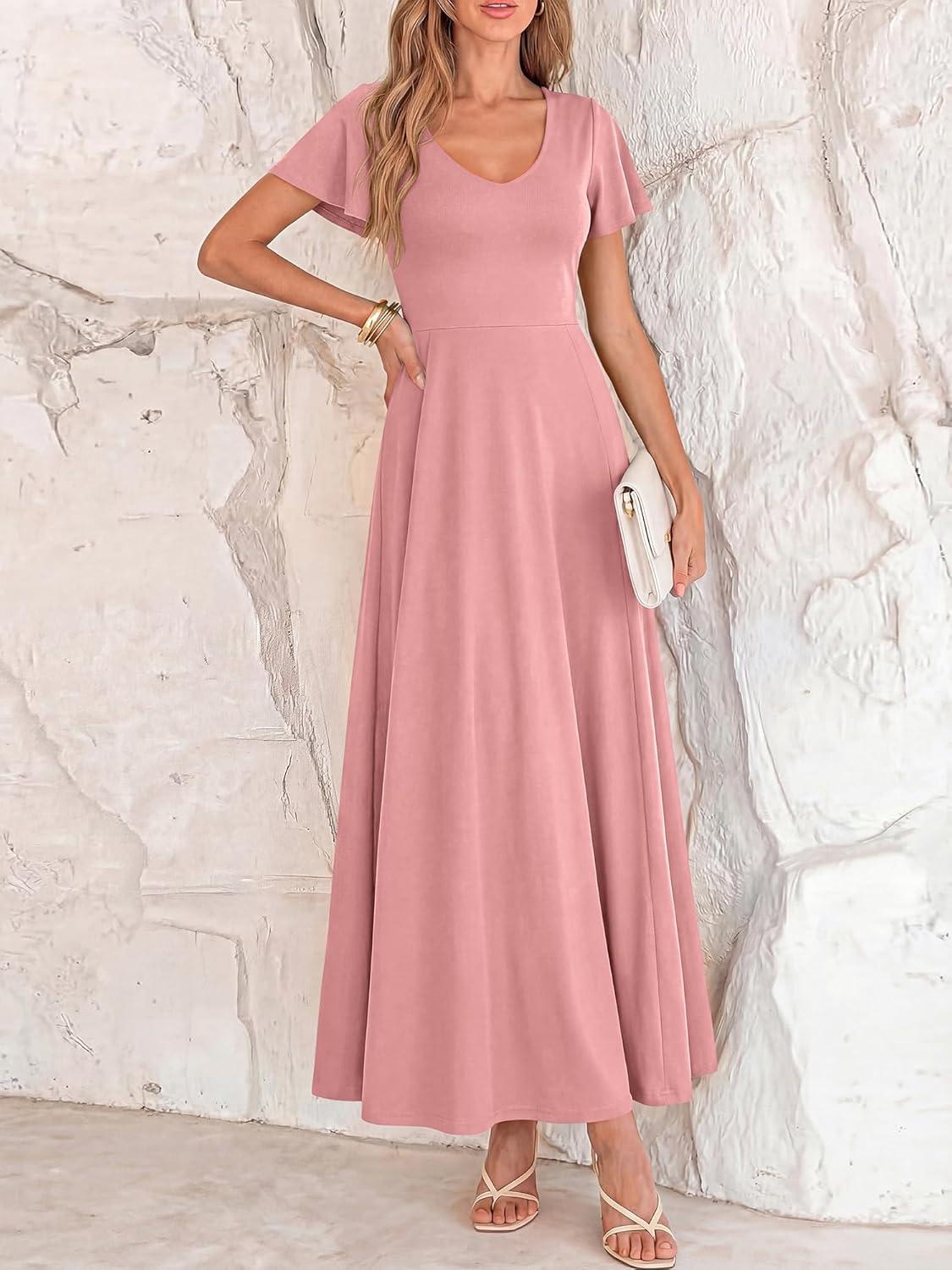 imageBTFBM Formal Dresses for Women Summer Outfits V Neck Ruffle Sleeve A Line Maxi Elegant Cocktail Wedding Guest Dress 2026Pink