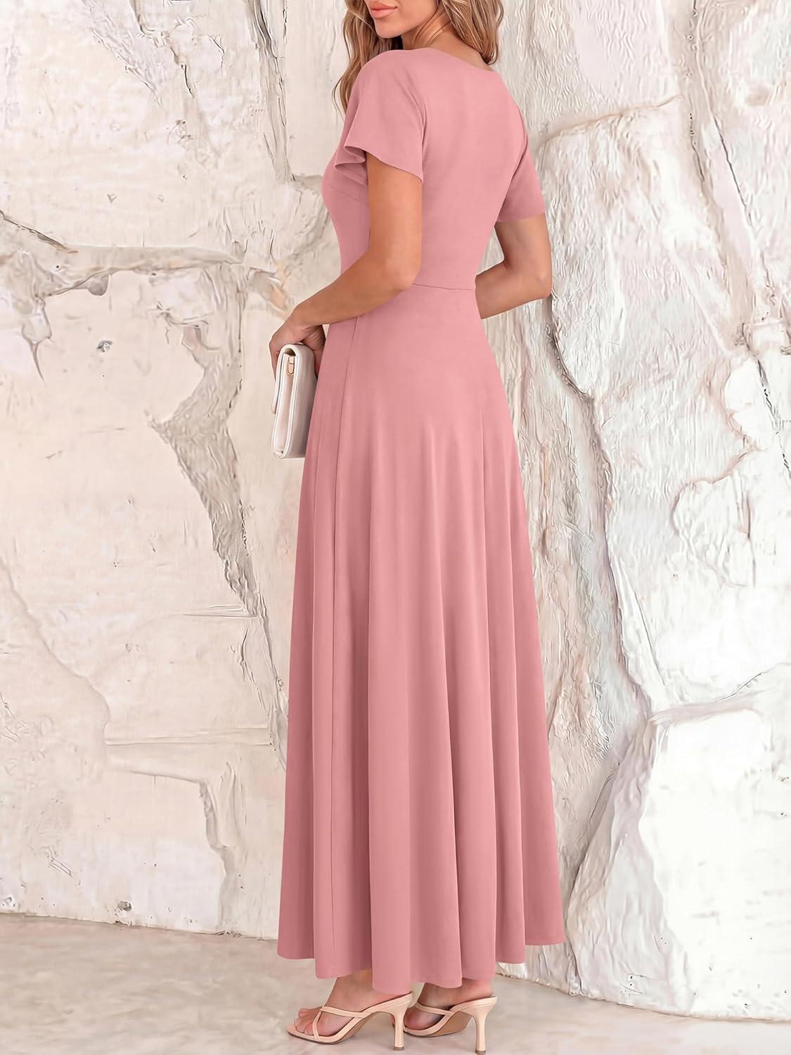 imageBTFBM Formal Dresses for Women Summer Outfits V Neck Ruffle Sleeve A Line Maxi Elegant Cocktail Wedding Guest Dress 2026Pink