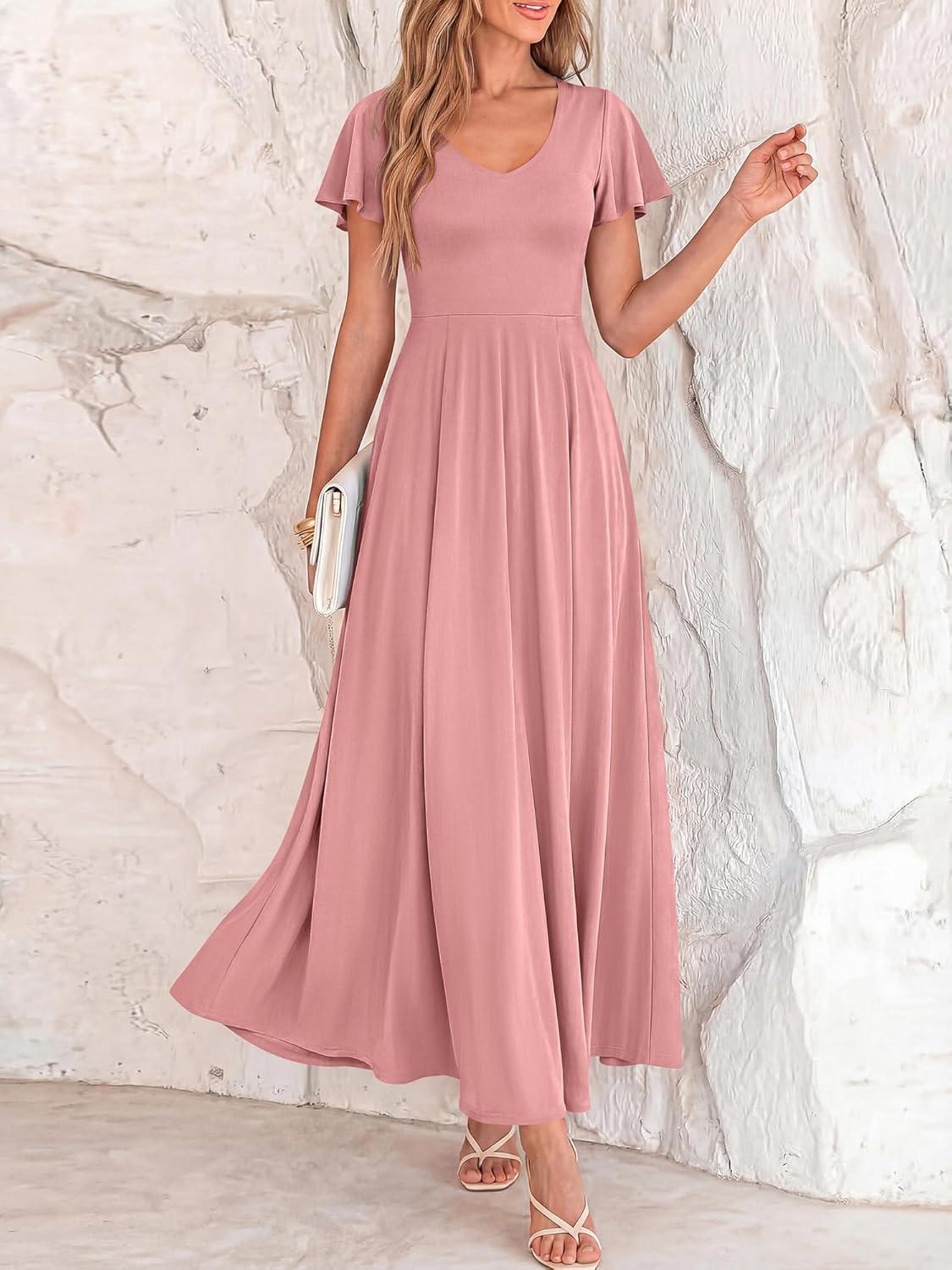 imageBTFBM Formal Dresses for Women Summer Outfits V Neck Ruffle Sleeve A Line Maxi Elegant Cocktail Wedding Guest Dress 2026Pink