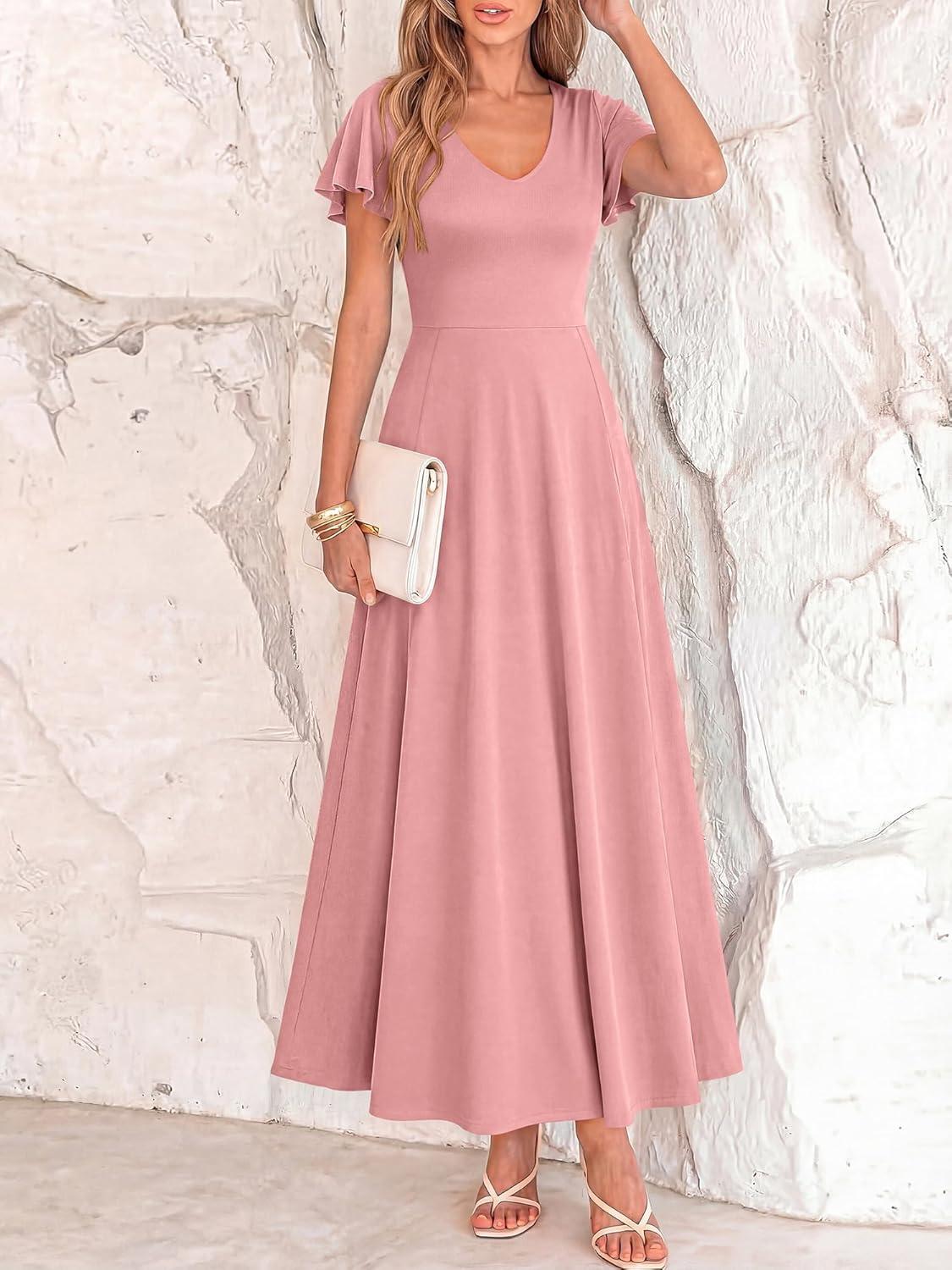 imageBTFBM Formal Dresses for Women Summer Outfits V Neck Ruffle Sleeve A Line Maxi Elegant Cocktail Wedding Guest Dress 2026Pink
