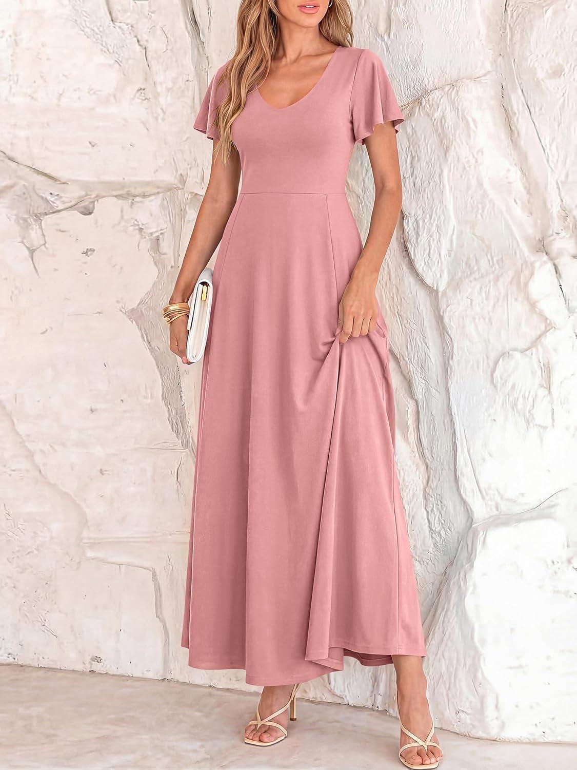 imageBTFBM Formal Dresses for Women Summer Outfits V Neck Ruffle Sleeve A Line Maxi Elegant Cocktail Wedding Guest Dress 2026Pink