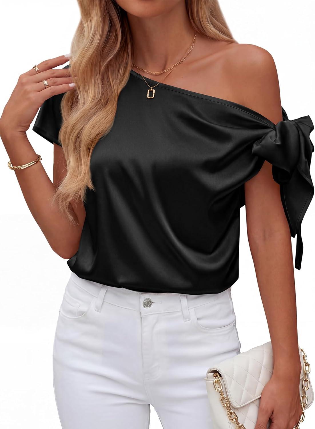 imageBTFBM Off The Shoulder Tops for Women Summer 2026 Short Sleeve Satin Blouse Shirts Silk Y2K Going Out Top Beach VacationBlack