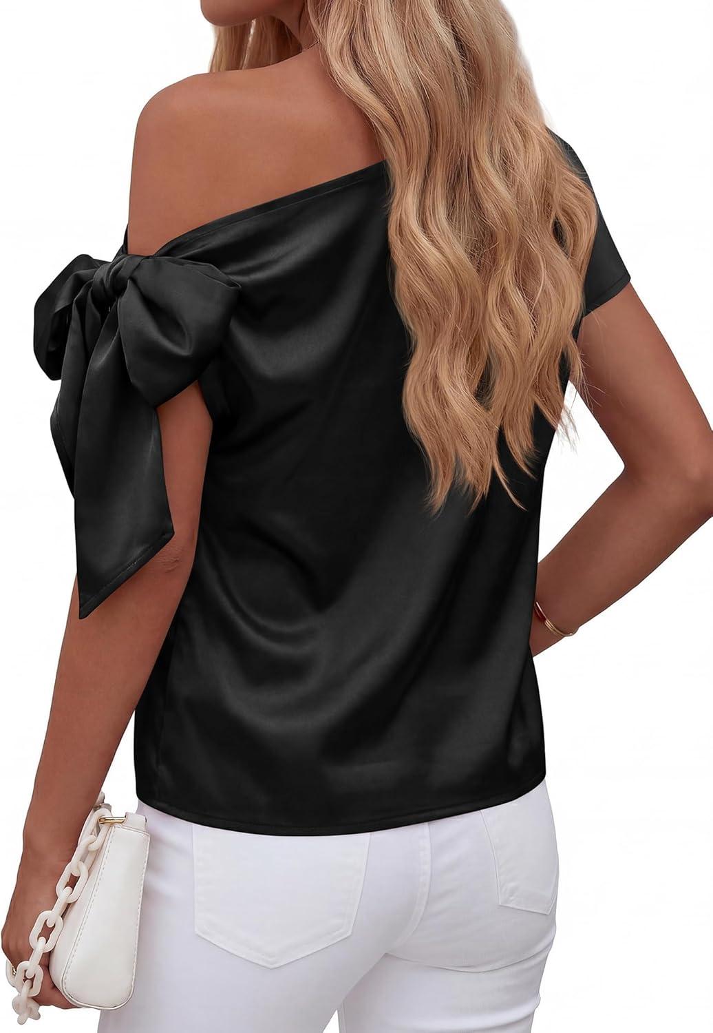 imageBTFBM Off The Shoulder Tops for Women Summer 2026 Short Sleeve Satin Blouse Shirts Silk Y2K Going Out Top Beach VacationBlack