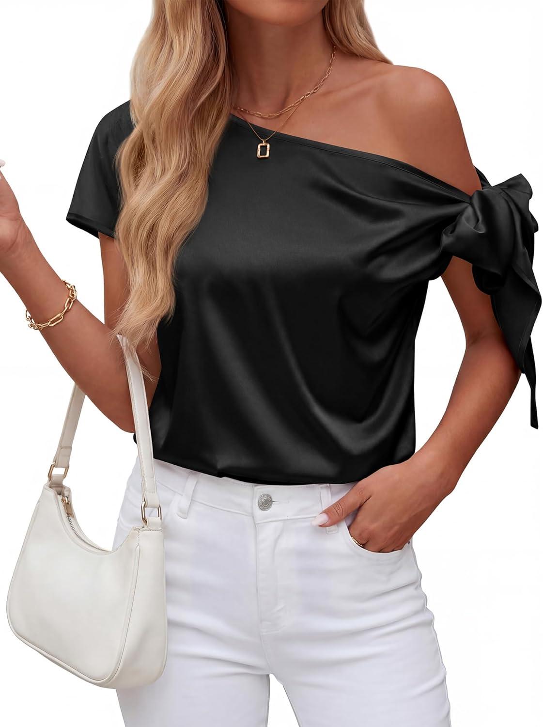imageBTFBM Off The Shoulder Tops for Women Summer 2026 Short Sleeve Satin Blouse Shirts Silk Y2K Going Out Top Beach VacationBlack