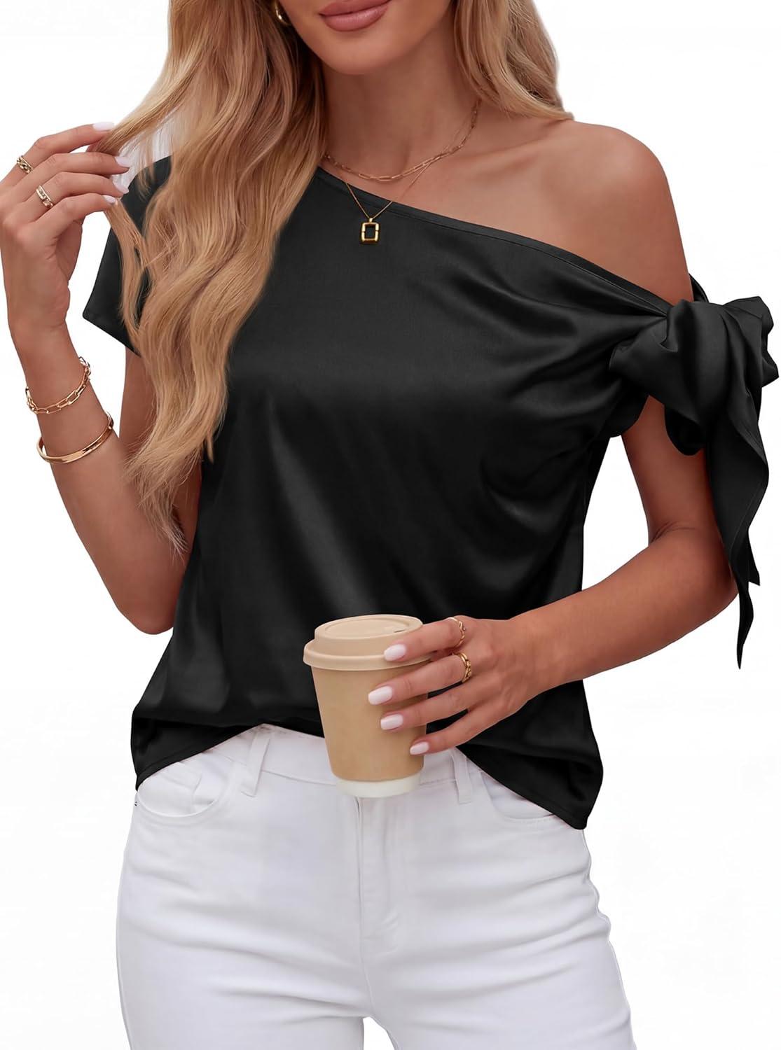 imageBTFBM Off The Shoulder Tops for Women Summer 2026 Short Sleeve Satin Blouse Shirts Silk Y2K Going Out Top Beach VacationBlack