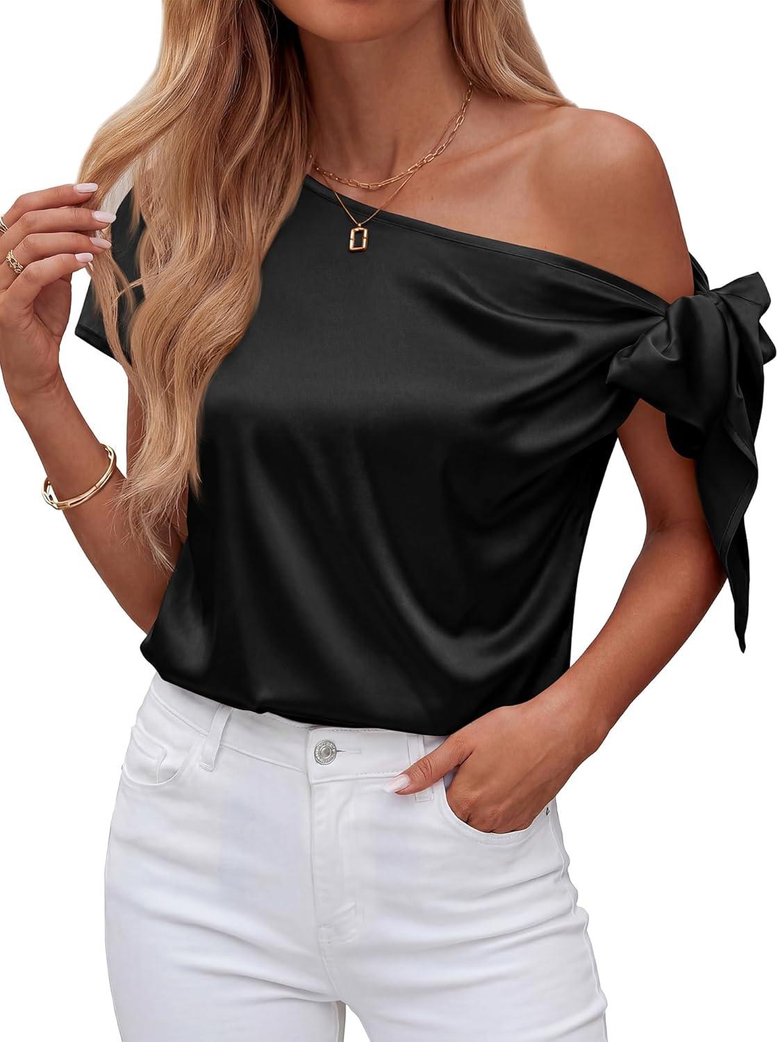 imageBTFBM Off The Shoulder Tops for Women Summer 2026 Short Sleeve Satin Blouse Shirts Silk Y2K Going Out Top Beach VacationBlack