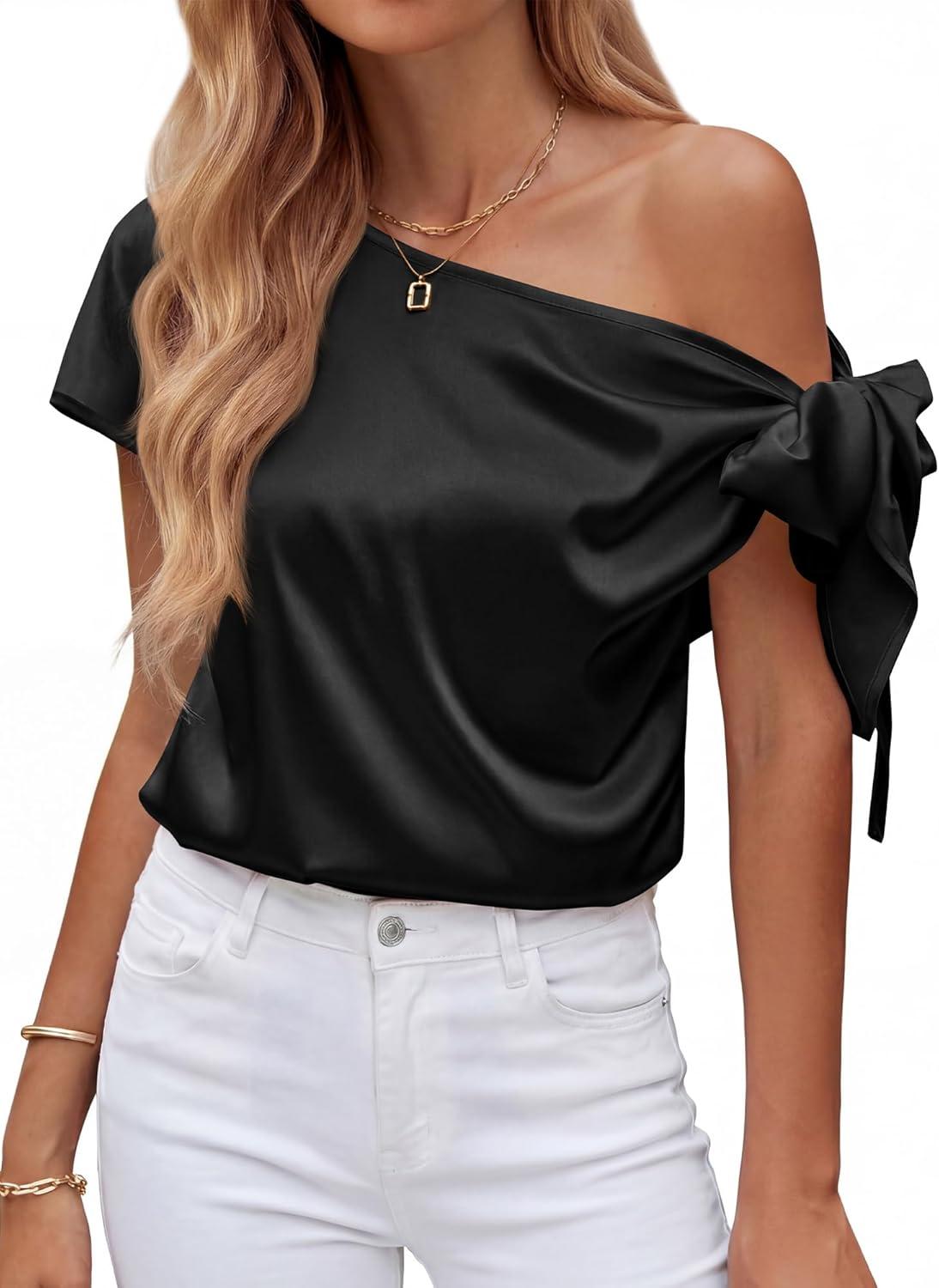 imageBTFBM Off The Shoulder Tops for Women Summer 2026 Short Sleeve Satin Blouse Shirts Silk Y2K Going Out Top Beach VacationBlack