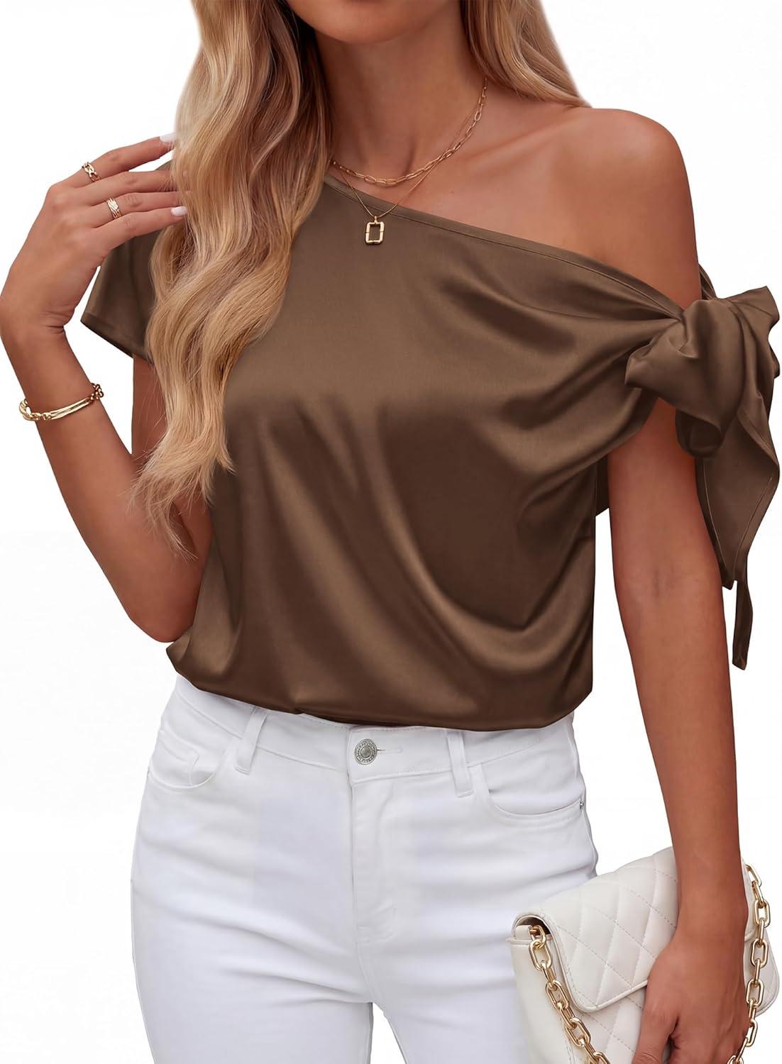 imageBTFBM Off The Shoulder Tops for Women Summer 2026 Short Sleeve Satin Blouse Shirts Silk Y2K Going Out Top Beach VacationBrown