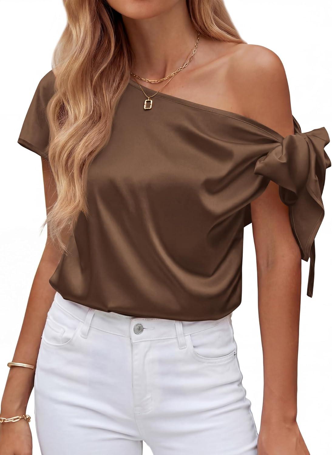 imageBTFBM Off The Shoulder Tops for Women Summer 2026 Short Sleeve Satin Blouse Shirts Silk Y2K Going Out Top Beach VacationBrown
