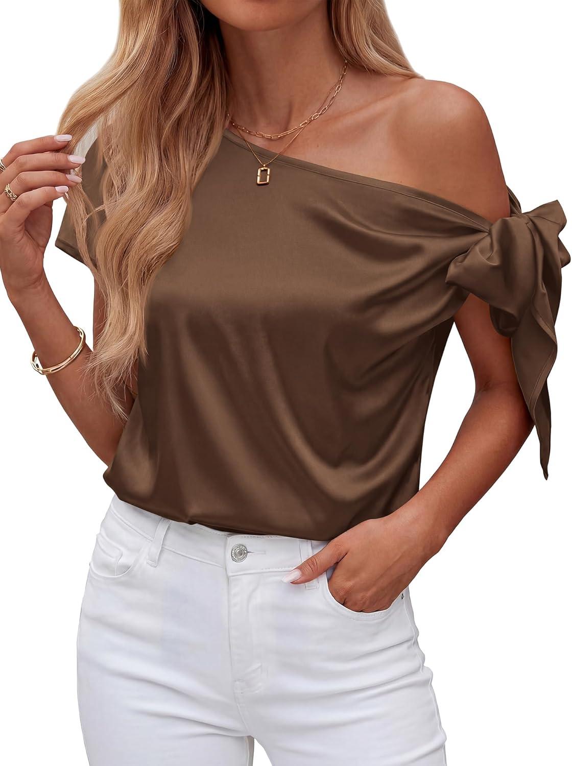 imageBTFBM Off The Shoulder Tops for Women Summer 2026 Short Sleeve Satin Blouse Shirts Silk Y2K Going Out Top Beach VacationBrown