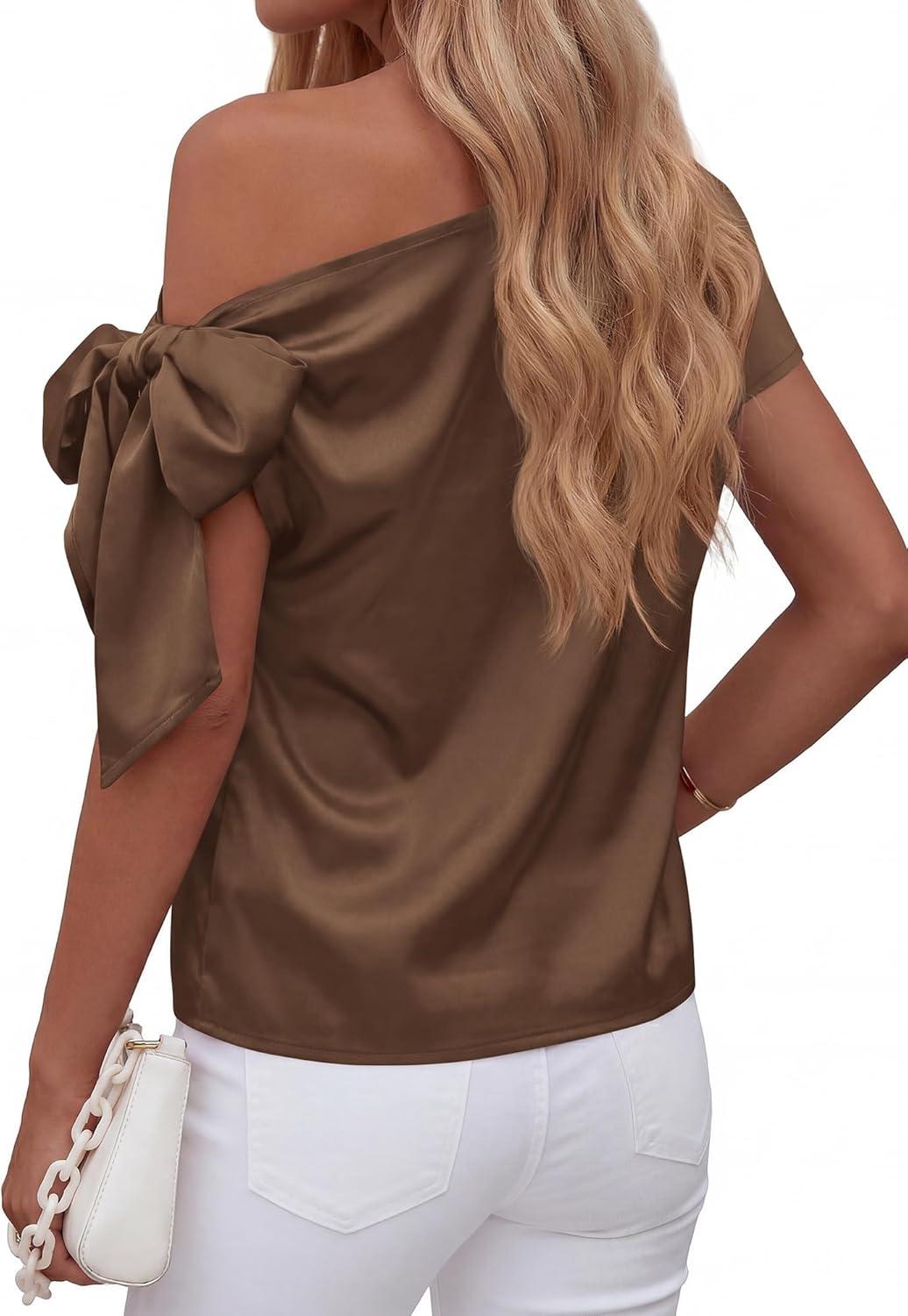 imageBTFBM Off The Shoulder Tops for Women Summer 2026 Short Sleeve Satin Blouse Shirts Silk Y2K Going Out Top Beach VacationBrown