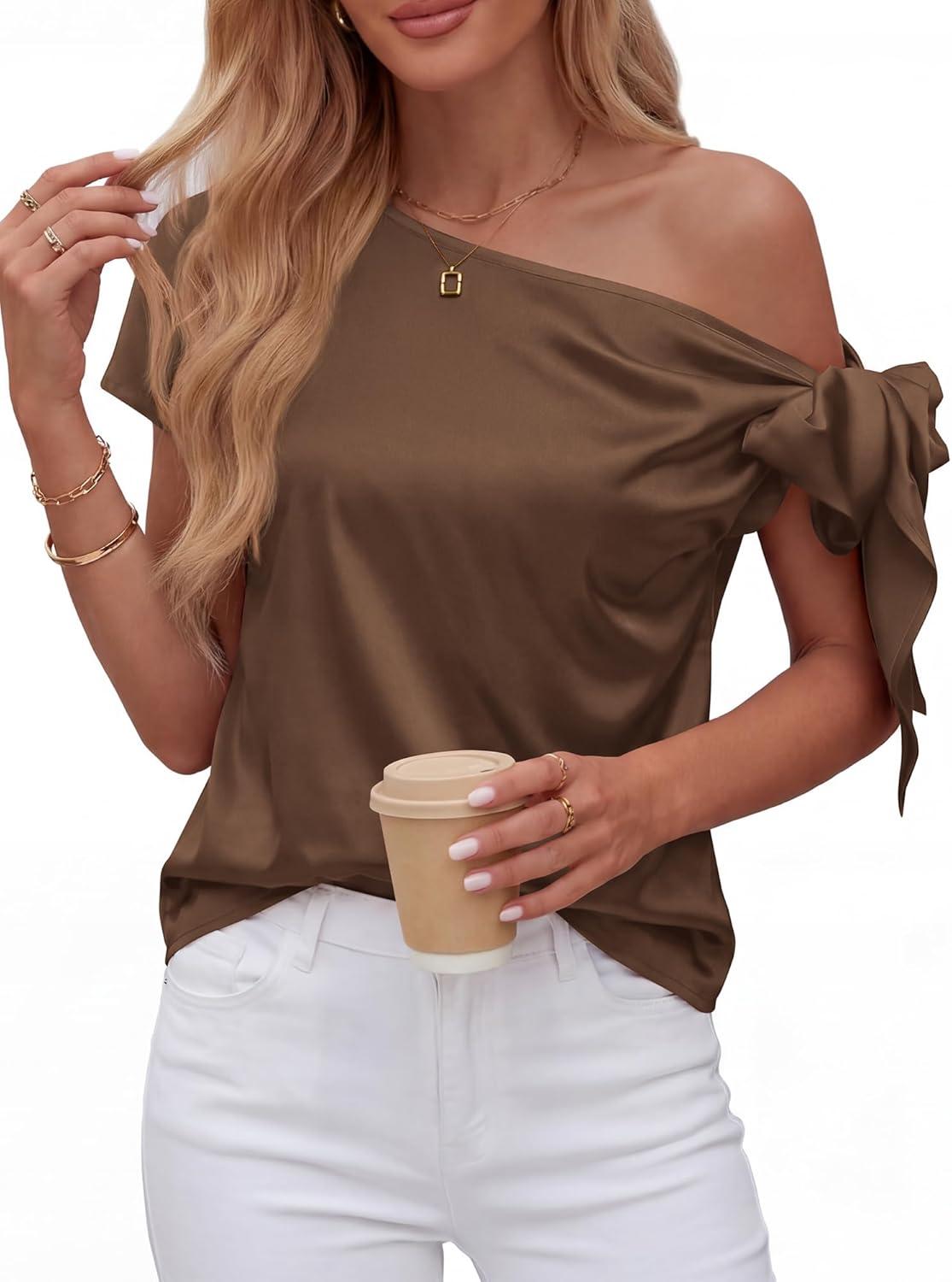 imageBTFBM Off The Shoulder Tops for Women Summer 2026 Short Sleeve Satin Blouse Shirts Silk Y2K Going Out Top Beach VacationBrown
