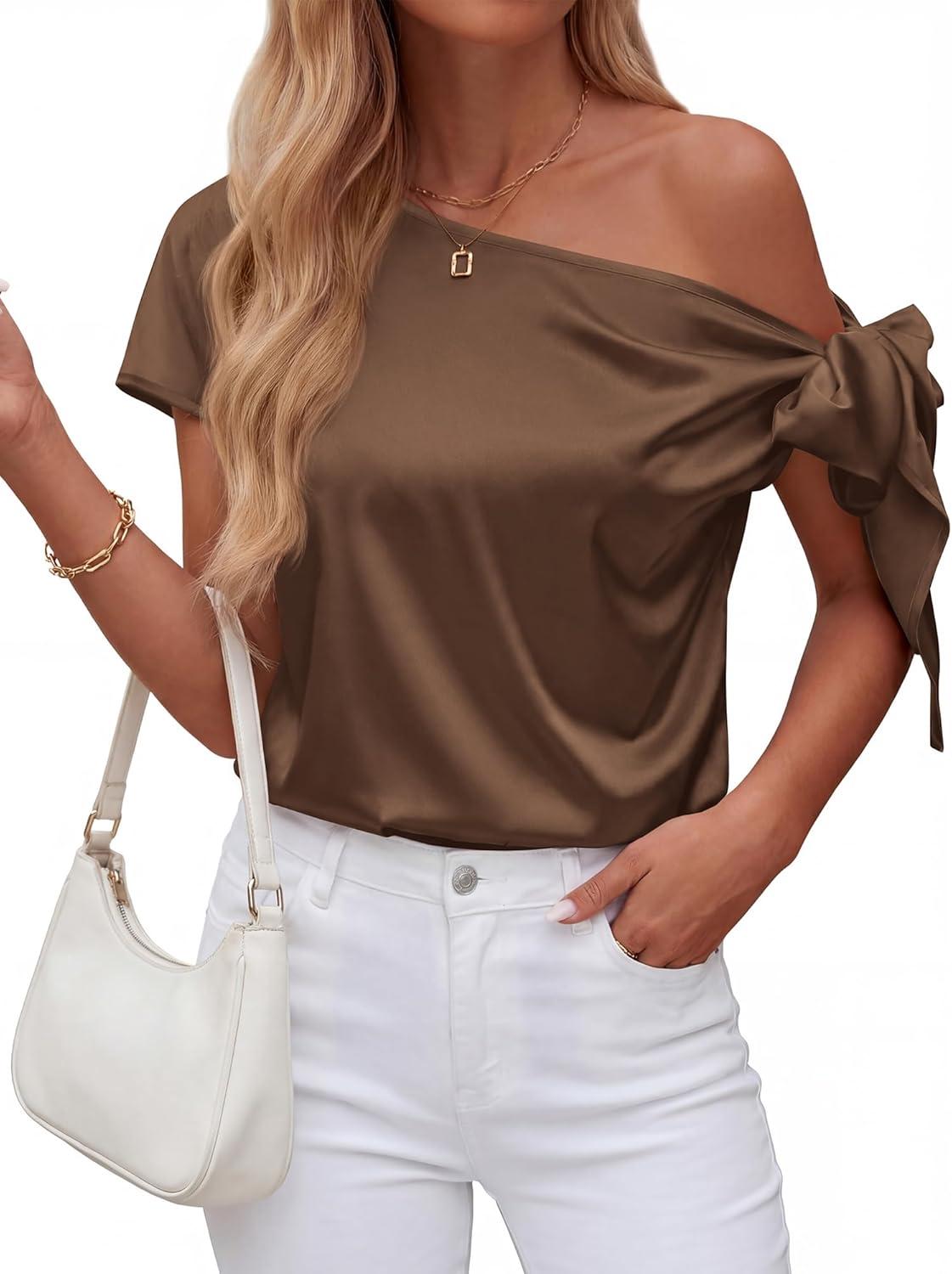 imageBTFBM Off The Shoulder Tops for Women Summer 2026 Short Sleeve Satin Blouse Shirts Silk Y2K Going Out Top Beach VacationBrown