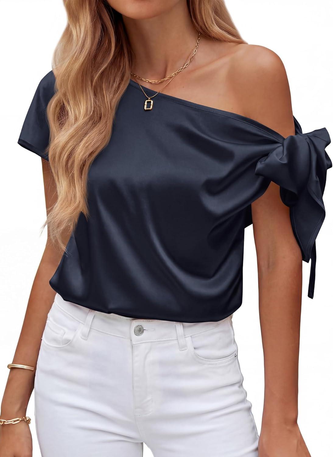 imageBTFBM Off The Shoulder Tops for Women Summer 2026 Short Sleeve Satin Blouse Shirts Silk Y2K Going Out Top Beach VacationNavy Blue