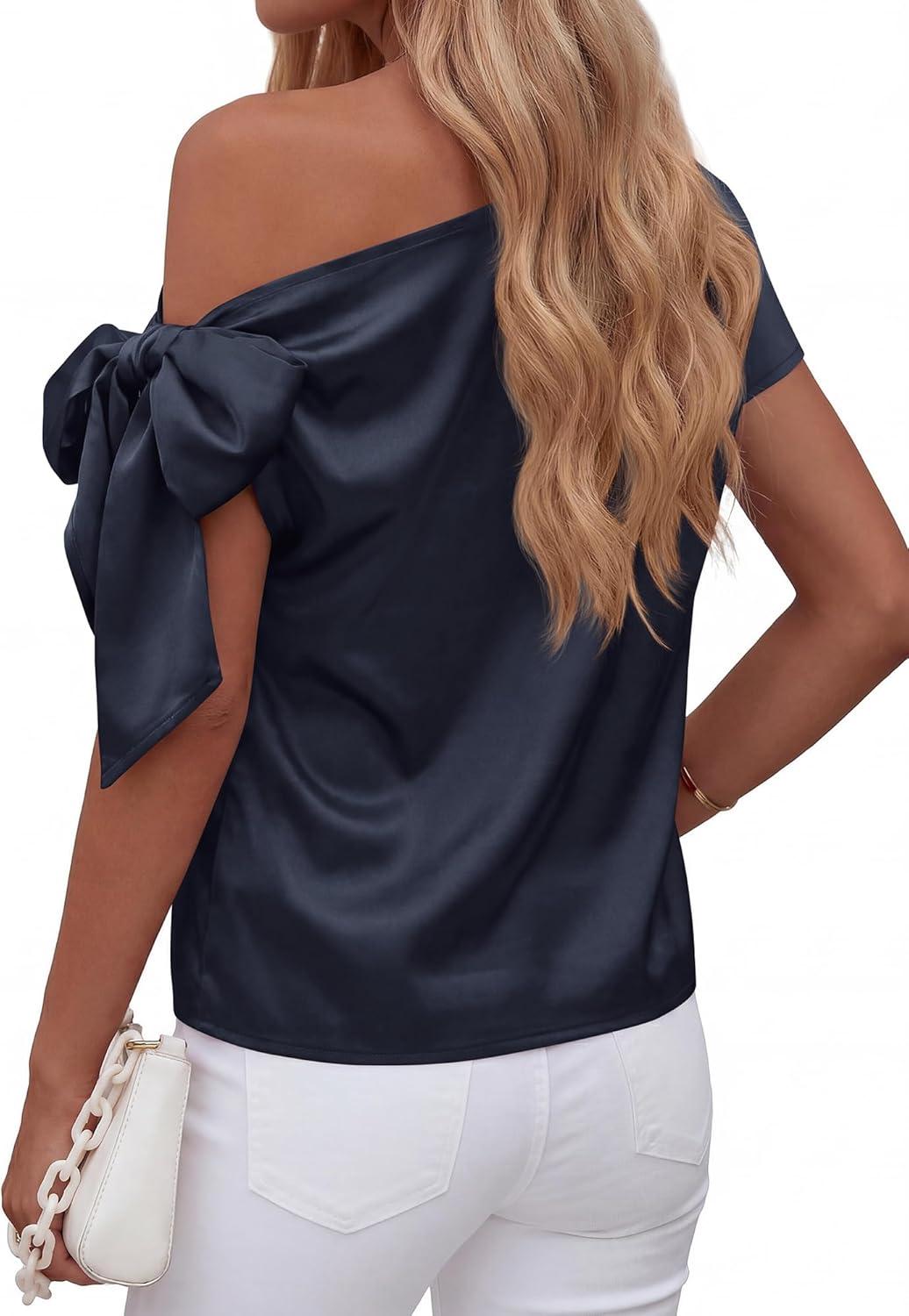 imageBTFBM Off The Shoulder Tops for Women Summer 2026 Short Sleeve Satin Blouse Shirts Silk Y2K Going Out Top Beach VacationNavy Blue