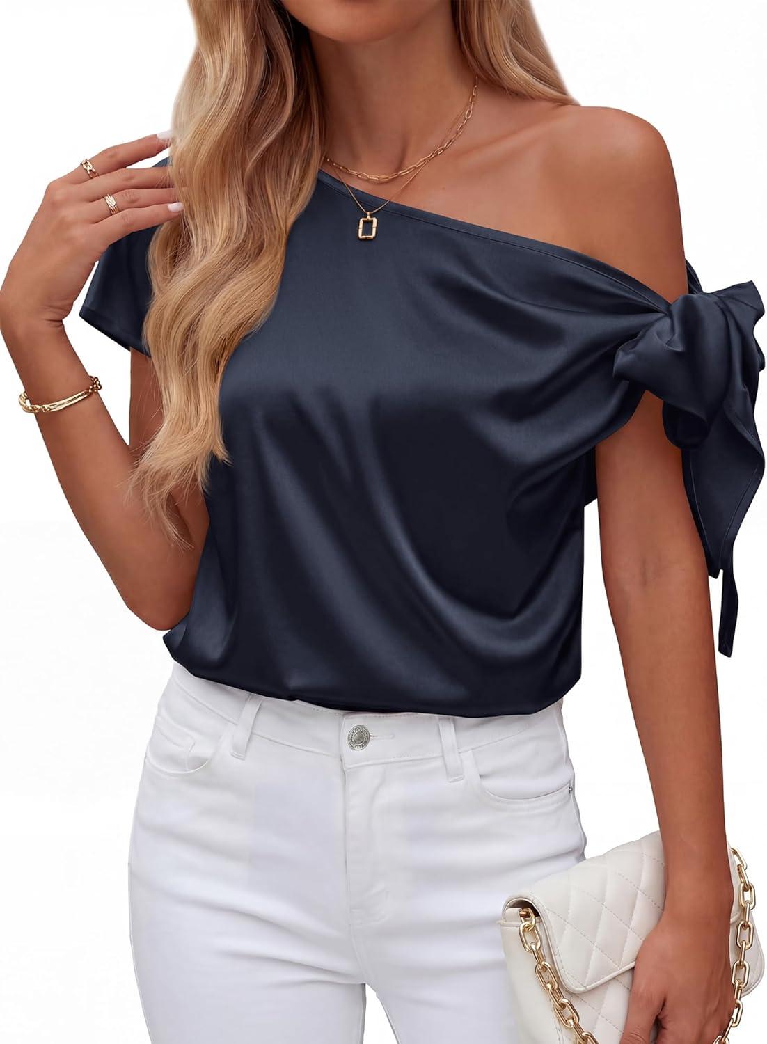 imageBTFBM Off The Shoulder Tops for Women Summer 2026 Short Sleeve Satin Blouse Shirts Silk Y2K Going Out Top Beach VacationNavy Blue