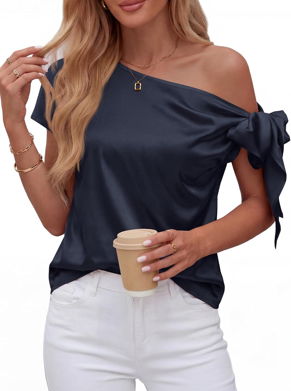 imageBTFBM Off The Shoulder Tops for Women Summer 2026 Short Sleeve Satin Blouse Shirts Silk Y2K Going Out Top Beach VacationNavy Blue