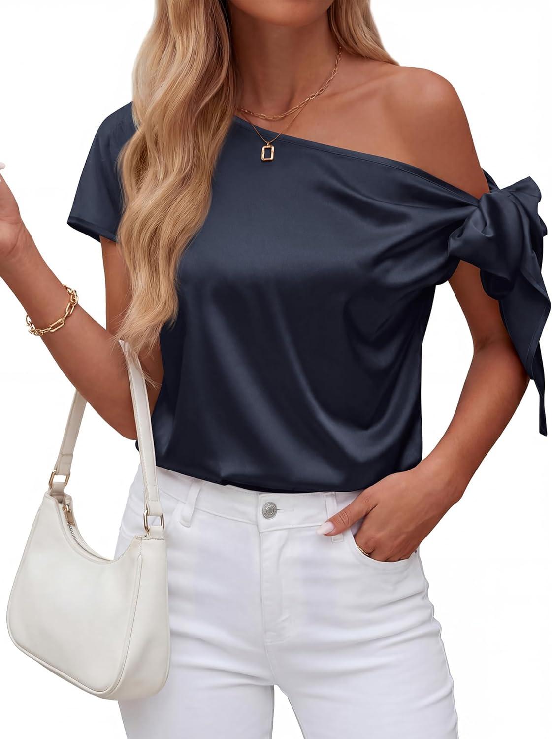 imageBTFBM Off The Shoulder Tops for Women Summer 2026 Short Sleeve Satin Blouse Shirts Silk Y2K Going Out Top Beach VacationNavy Blue