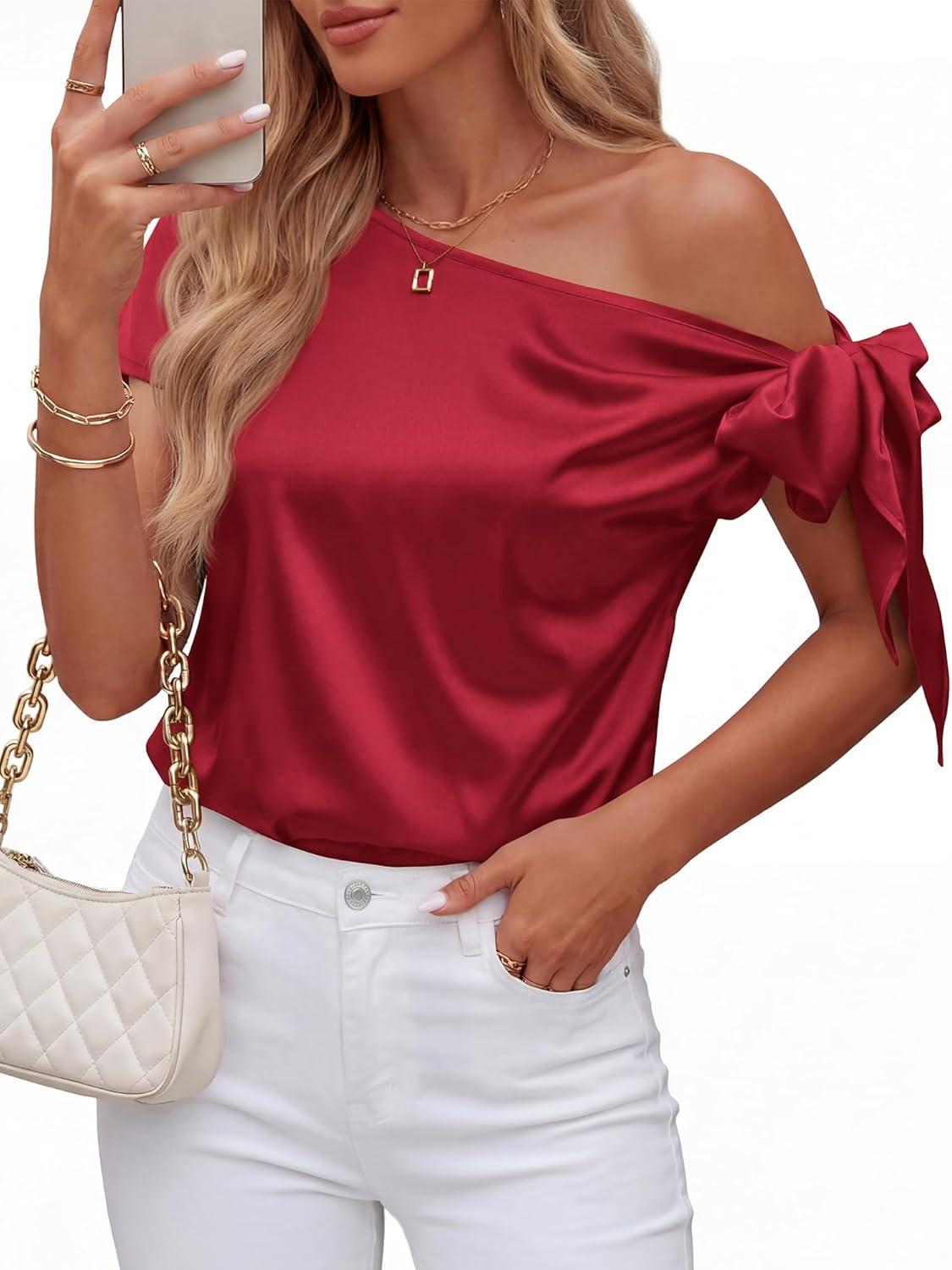 imageBTFBM Off The Shoulder Tops for Women Summer 2026 Short Sleeve Satin Blouse Shirts Silk Y2K Going Out Top Beach VacationRed