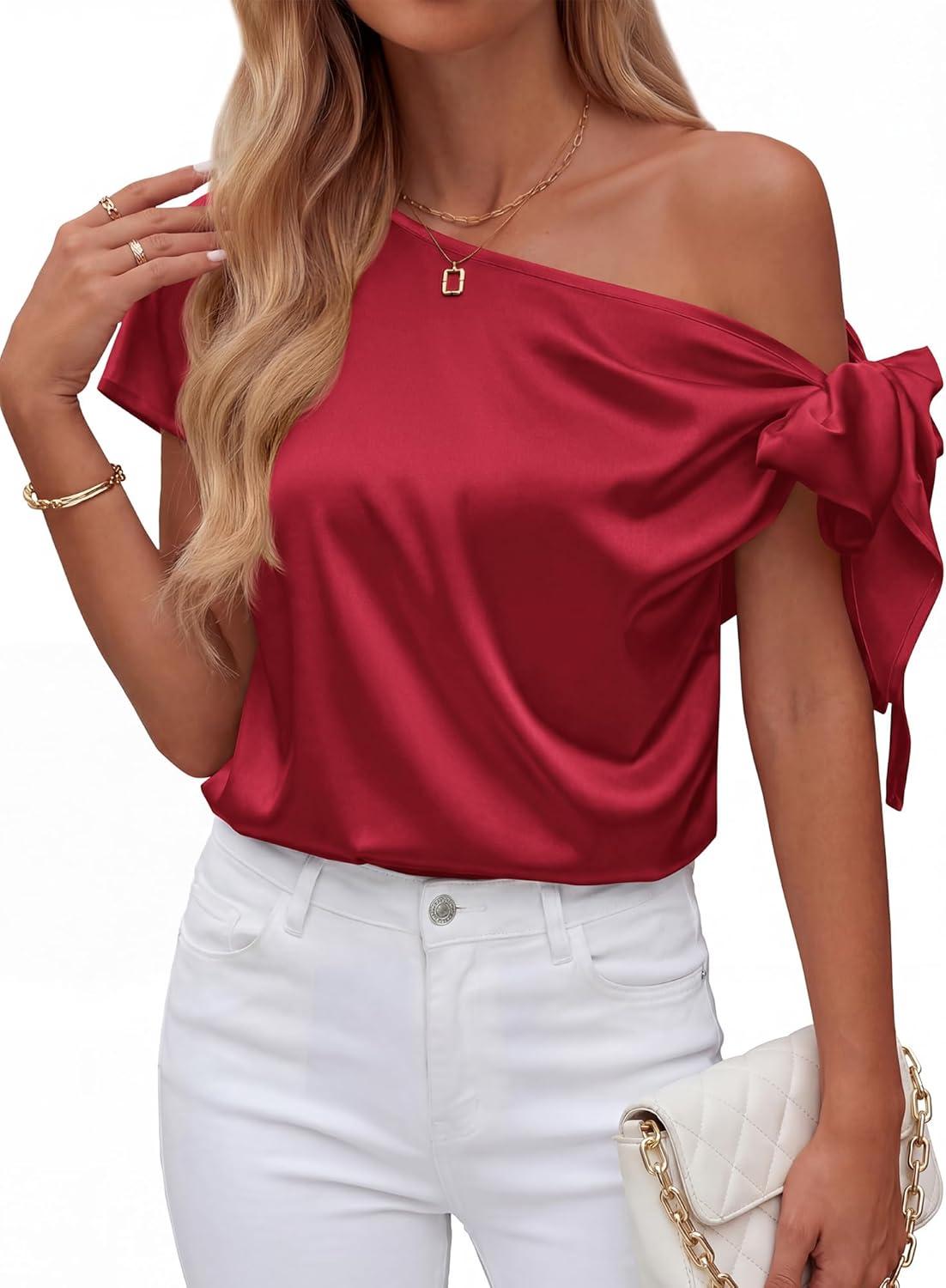 imageBTFBM Off The Shoulder Tops for Women Summer 2026 Short Sleeve Satin Blouse Shirts Silk Y2K Going Out Top Beach VacationRed