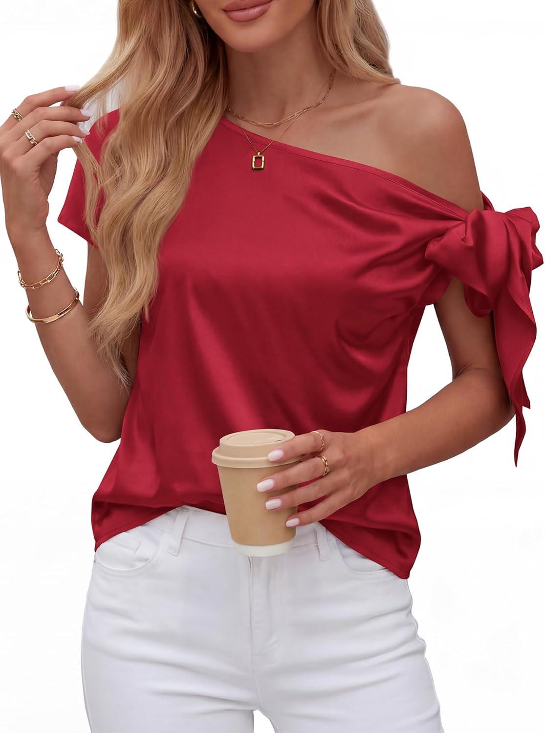 imageBTFBM Off The Shoulder Tops for Women Summer 2026 Short Sleeve Satin Blouse Shirts Silk Y2K Going Out Top Beach VacationRed