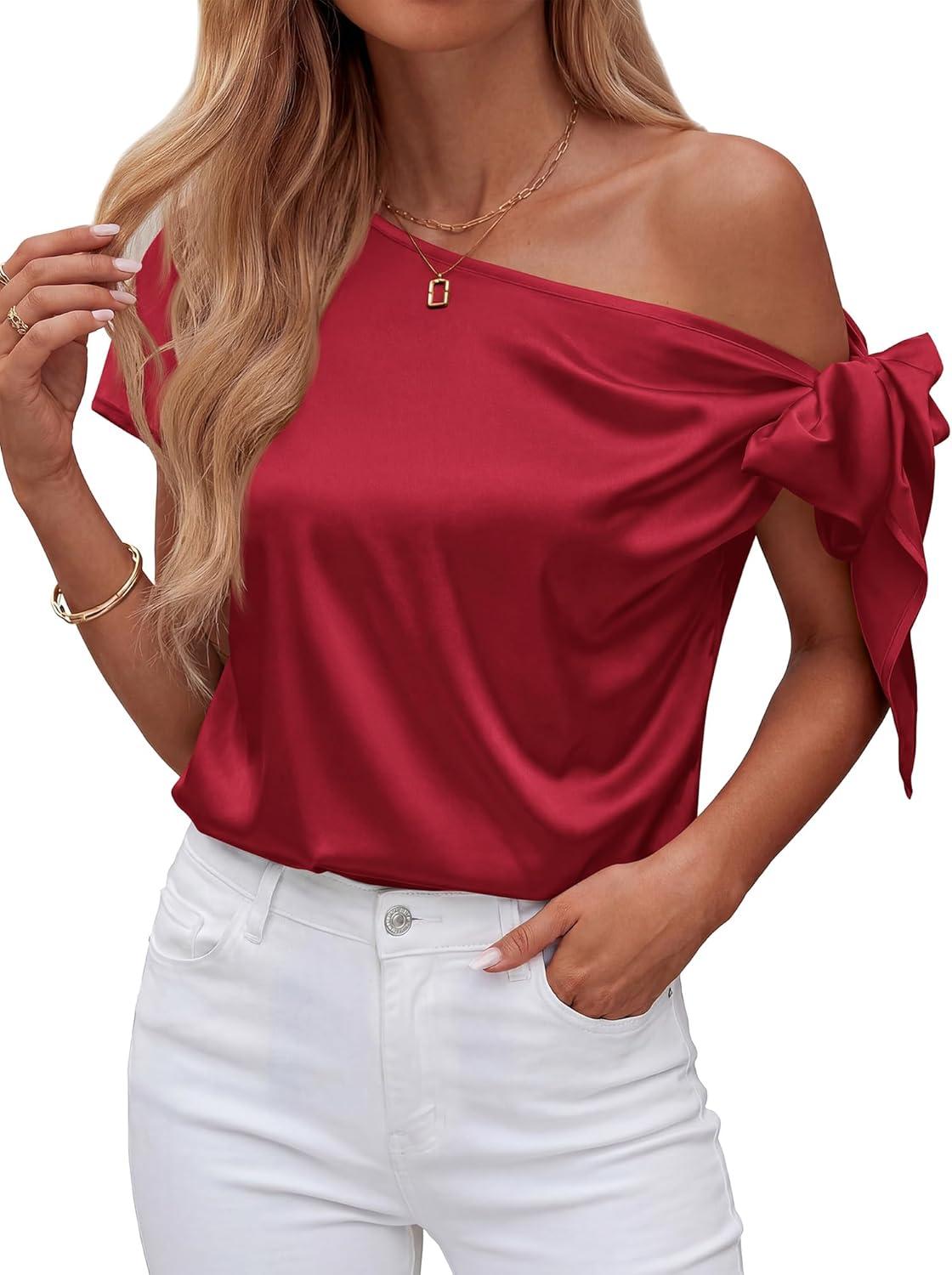 imageBTFBM Off The Shoulder Tops for Women Summer 2026 Short Sleeve Satin Blouse Shirts Silk Y2K Going Out Top Beach VacationRed
