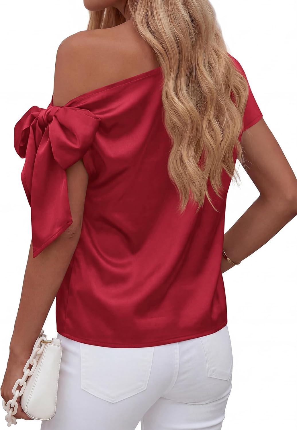 imageBTFBM Off The Shoulder Tops for Women Summer 2026 Short Sleeve Satin Blouse Shirts Silk Y2K Going Out Top Beach VacationRed