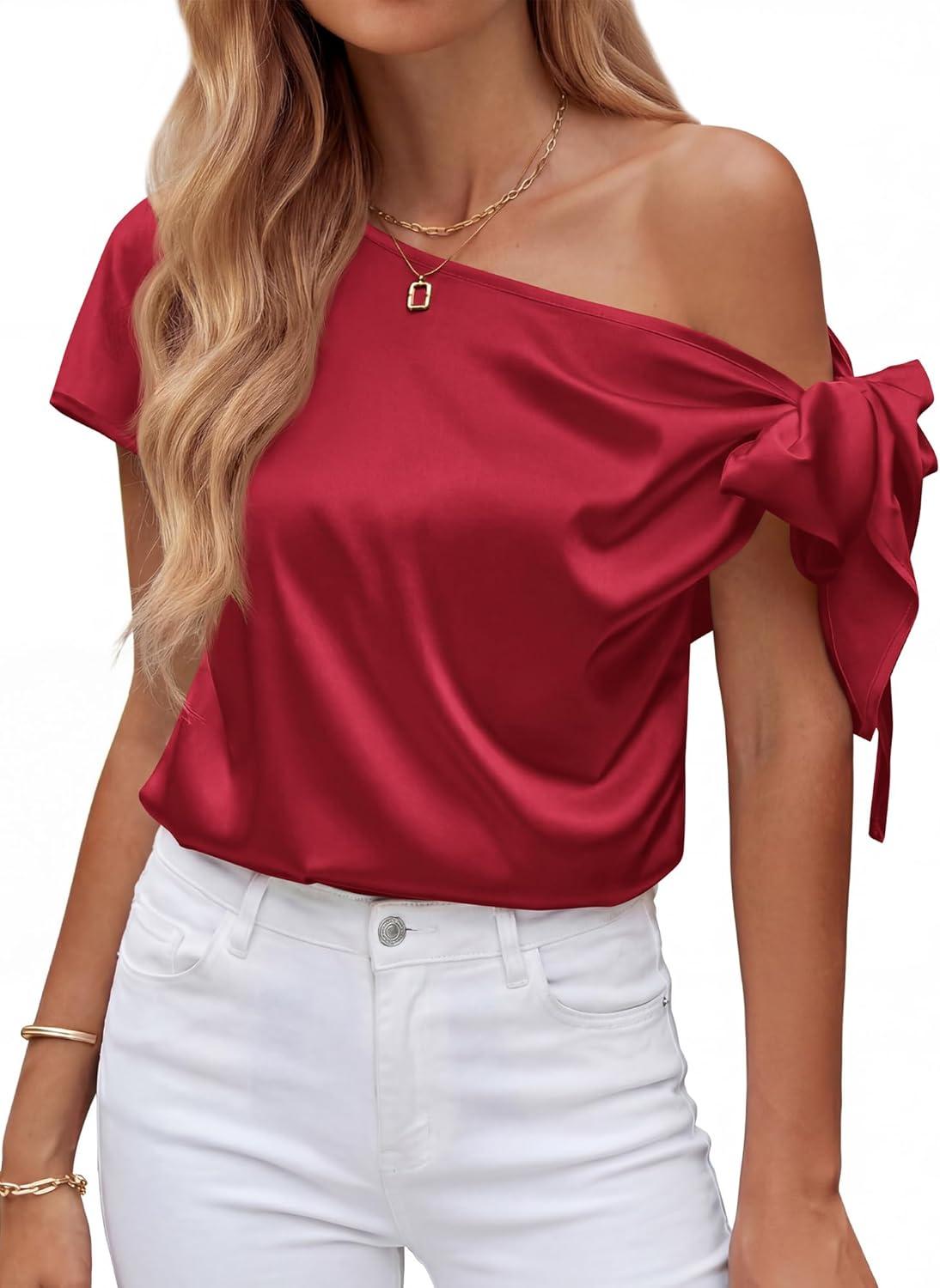 imageBTFBM Off The Shoulder Tops for Women Summer 2026 Short Sleeve Satin Blouse Shirts Silk Y2K Going Out Top Beach VacationRed