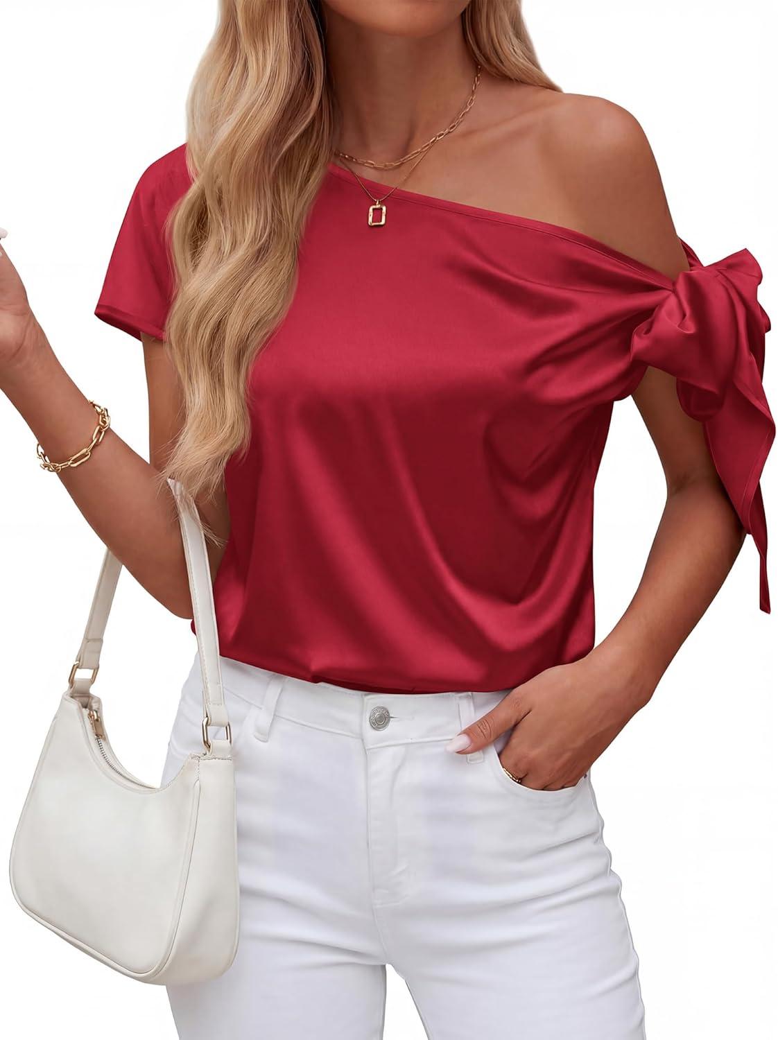 imageBTFBM Off The Shoulder Tops for Women Summer 2026 Short Sleeve Satin Blouse Shirts Silk Y2K Going Out Top Beach VacationRed