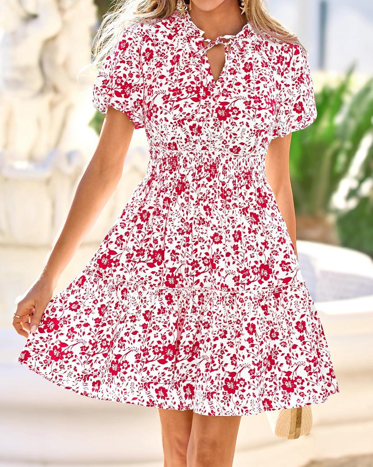 imageBTFBM Summer Mini Dresses for Women 2026 Ruffle Short Sleeve Elastic Waist Floral Beach Vacation Wedding Guest DressWhite Red Flower