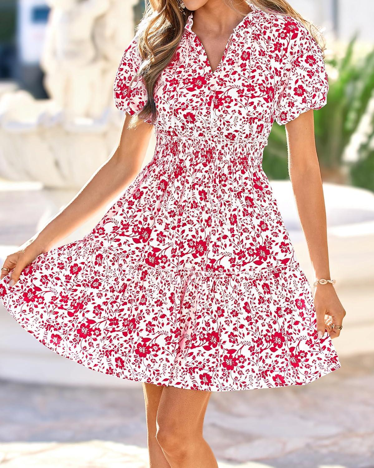 imageBTFBM Summer Mini Dresses for Women 2026 Ruffle Short Sleeve Elastic Waist Floral Beach Vacation Wedding Guest DressWhite Red Flower