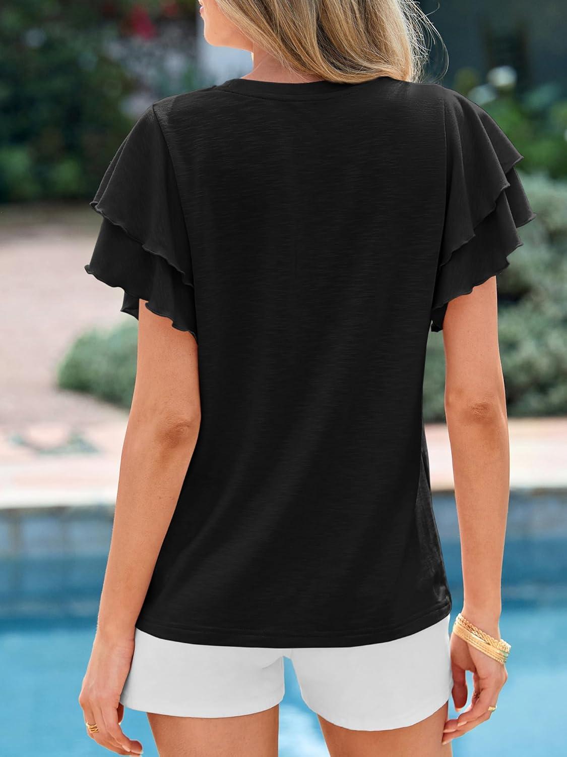 imageBTFBM Summer Tops for Women 2026 Crew Neck Ruffle Short Sleeve Shirts Loose Tunic Casual Spring BlousesBlack