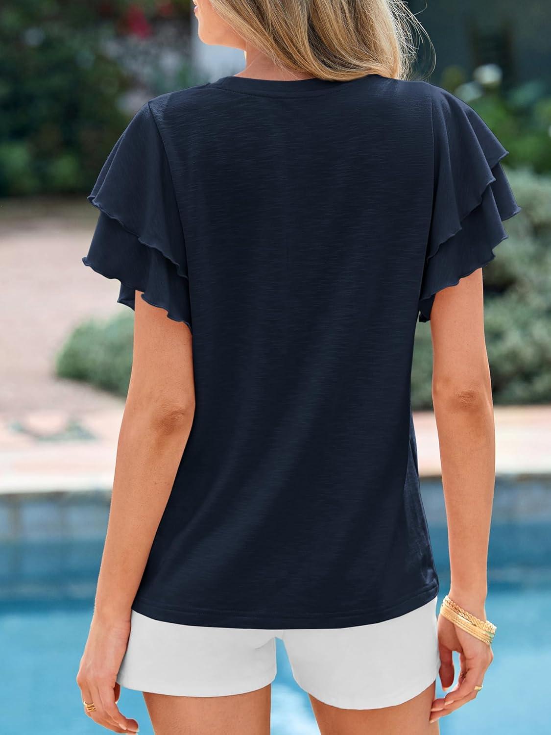 imageBTFBM Summer Tops for Women 2026 Crew Neck Ruffle Short Sleeve Shirts Loose Tunic Casual Spring BlousesNavy Blue